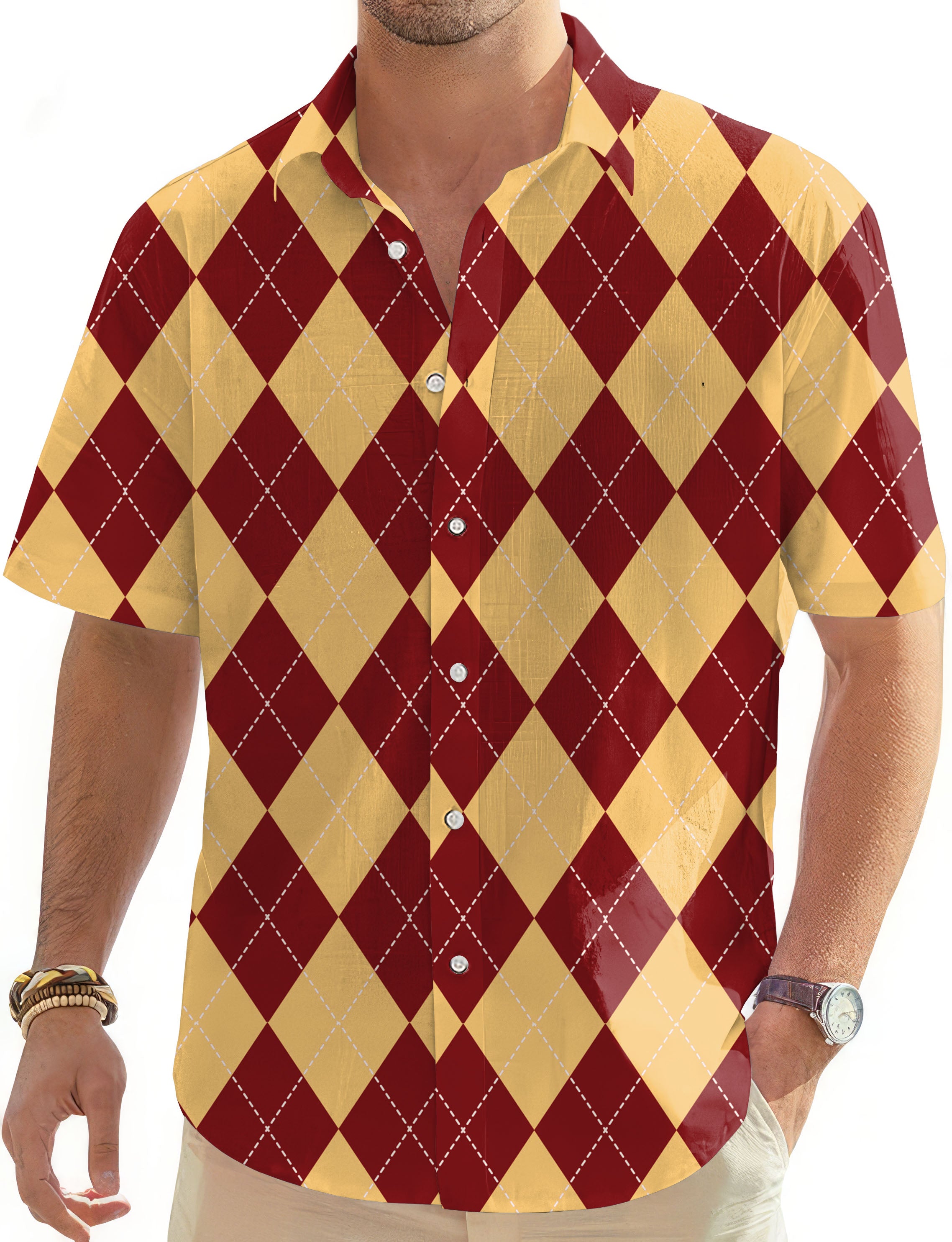 yellow red Argyle-Men's Golf Hawaiian Shirts Button Down Shirt