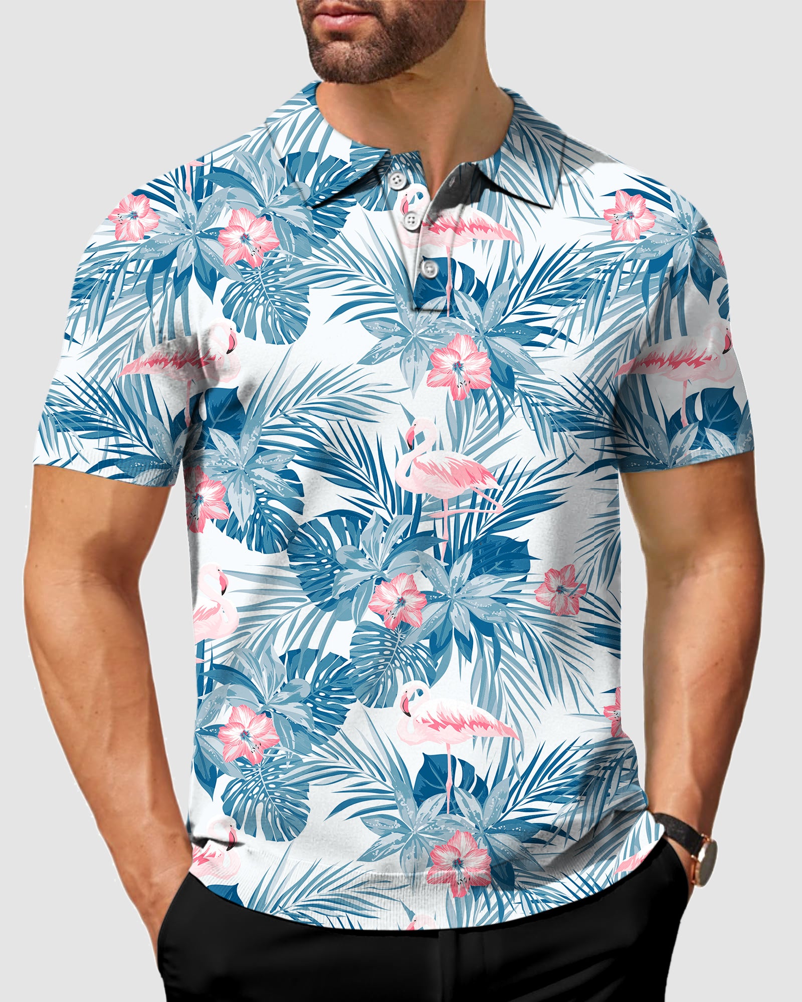 Blue leaf flamingo Mens Polo