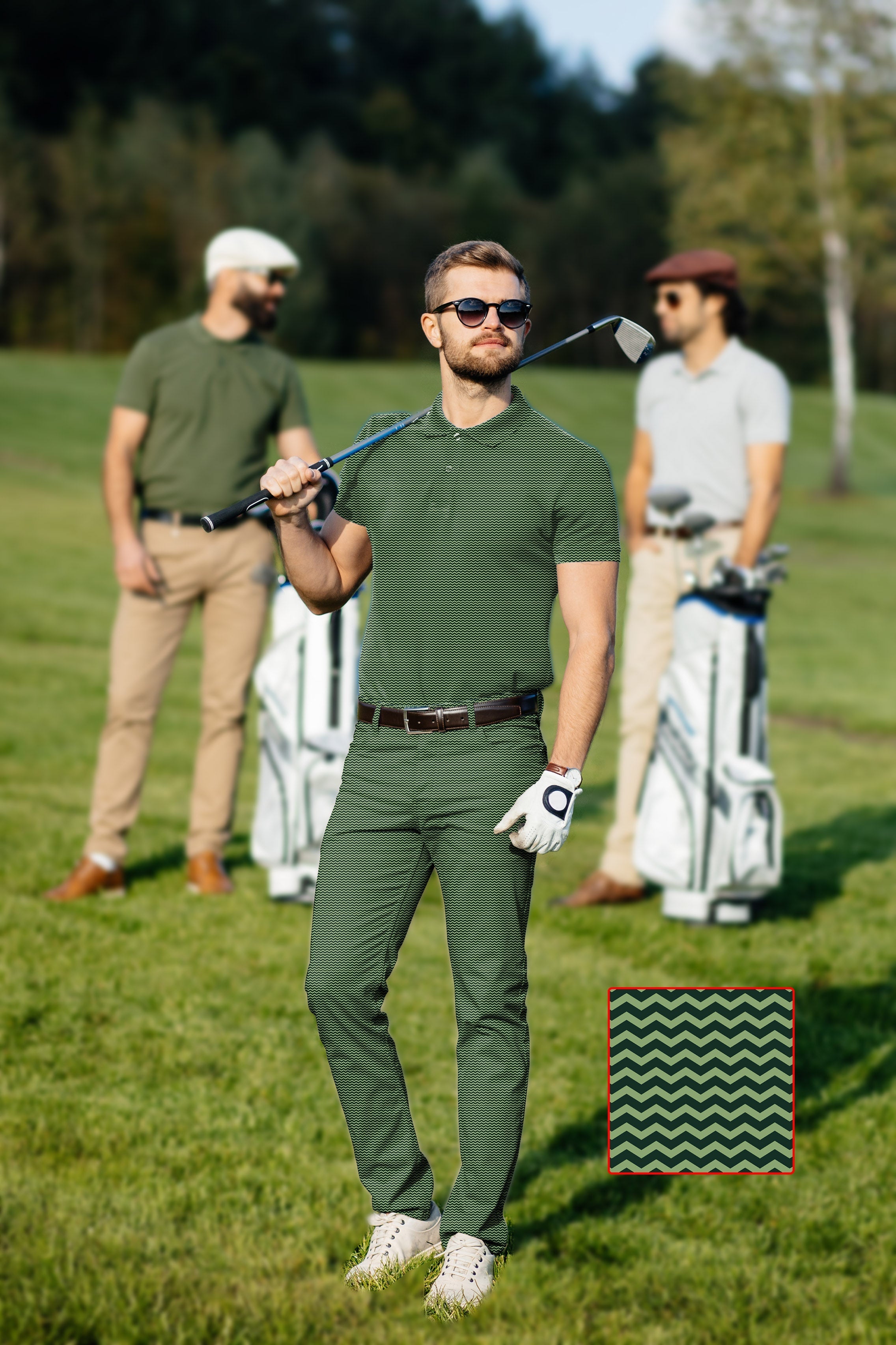 Men's golf set polo and pants in green waves design with stretch and moisture-wicking fabric
