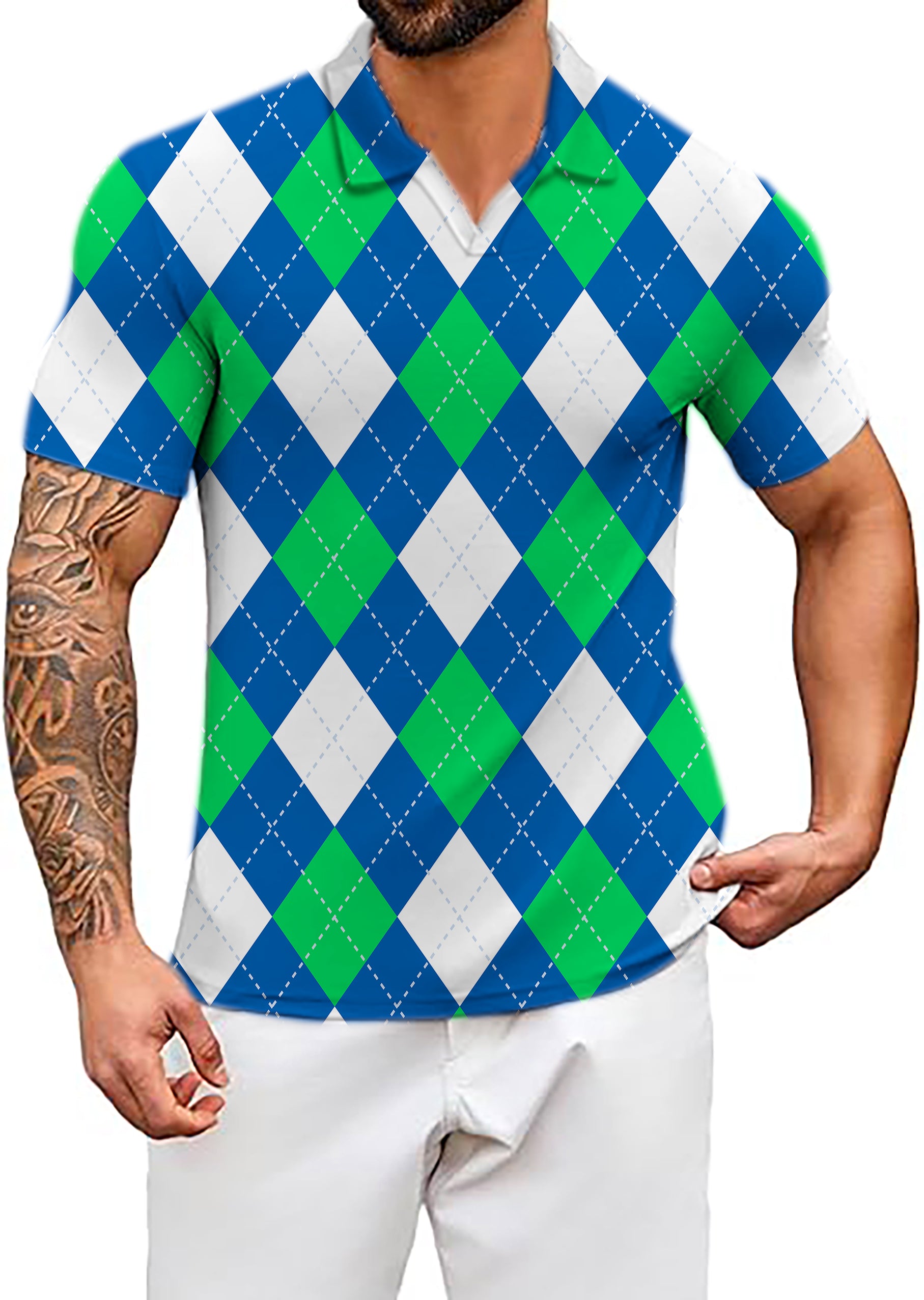 Men's Argyle green blue V Neck Golf Polo Shirts