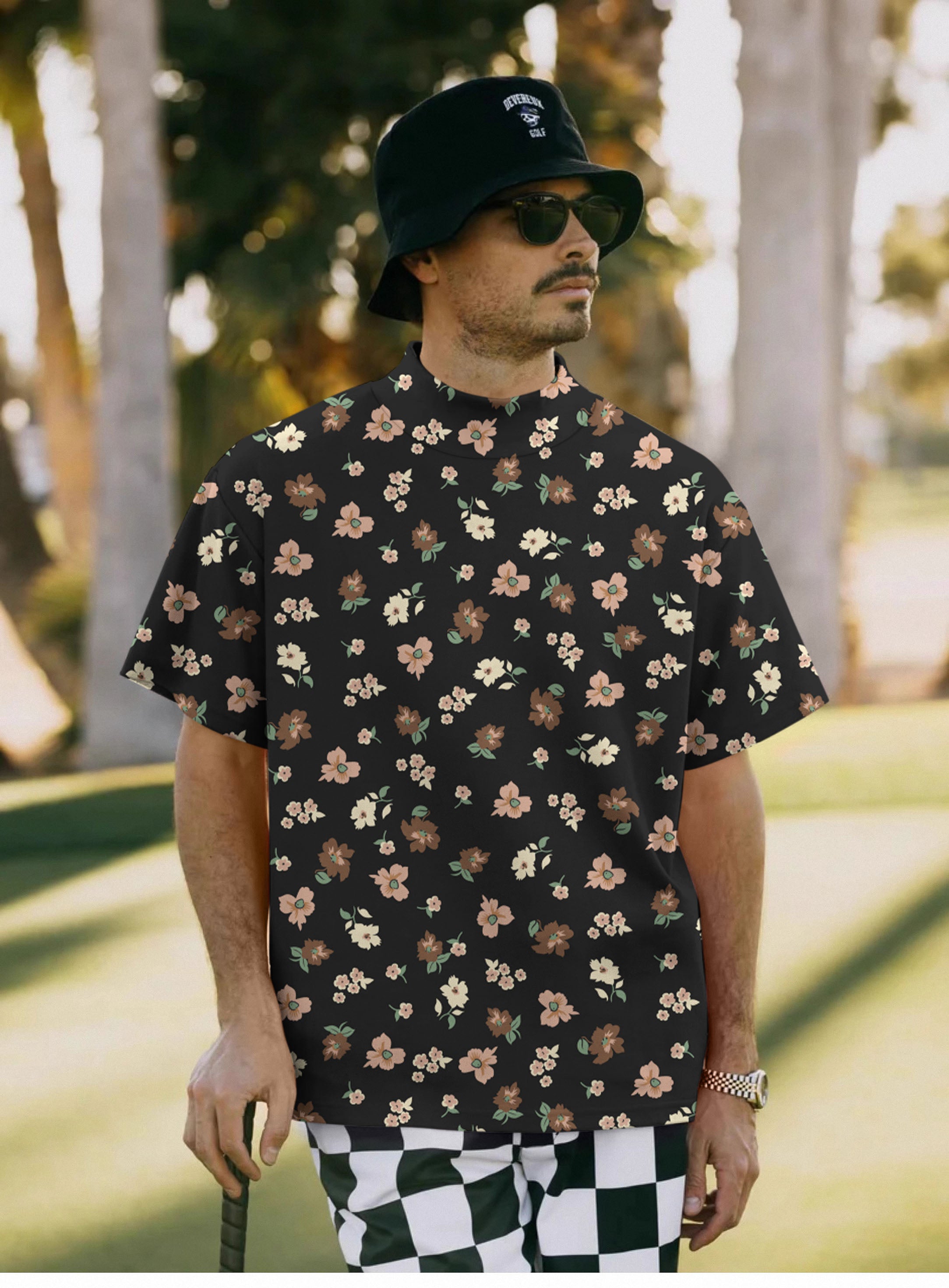 Men's black flower Pullover High neck Long/Short sleeve T-Shirt