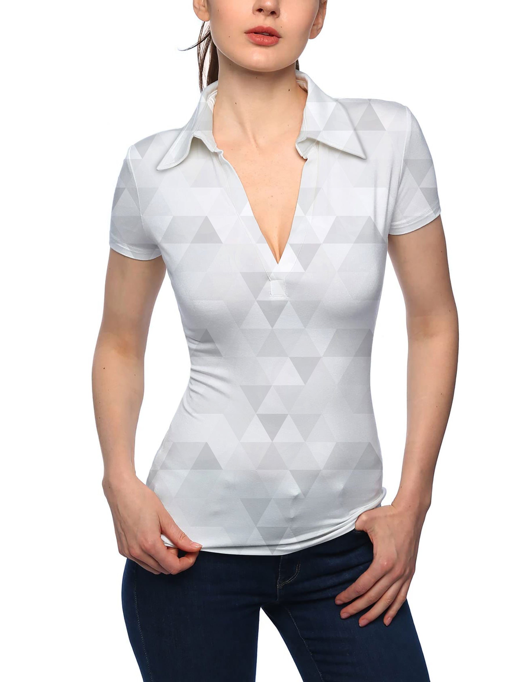 Women's Abstract Grey Background With Triangular Pattern V Neck Golf Polo