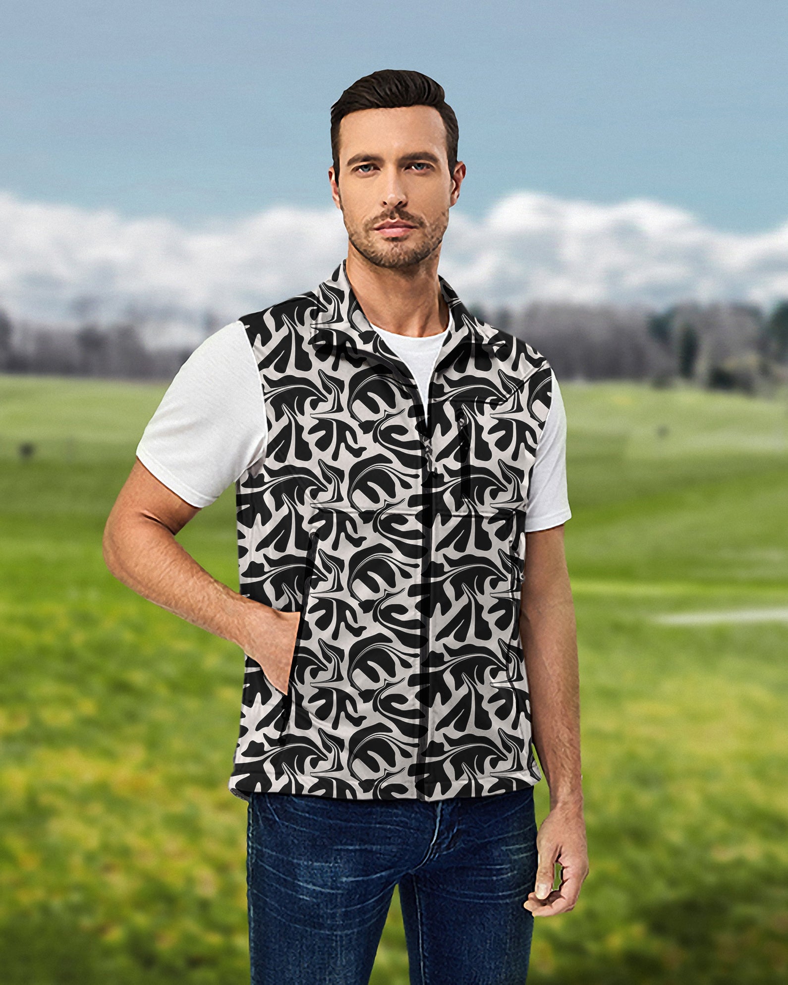 Men's Black Geometry Lightweight Softshell Vest Sleeveless Jacket for Golf