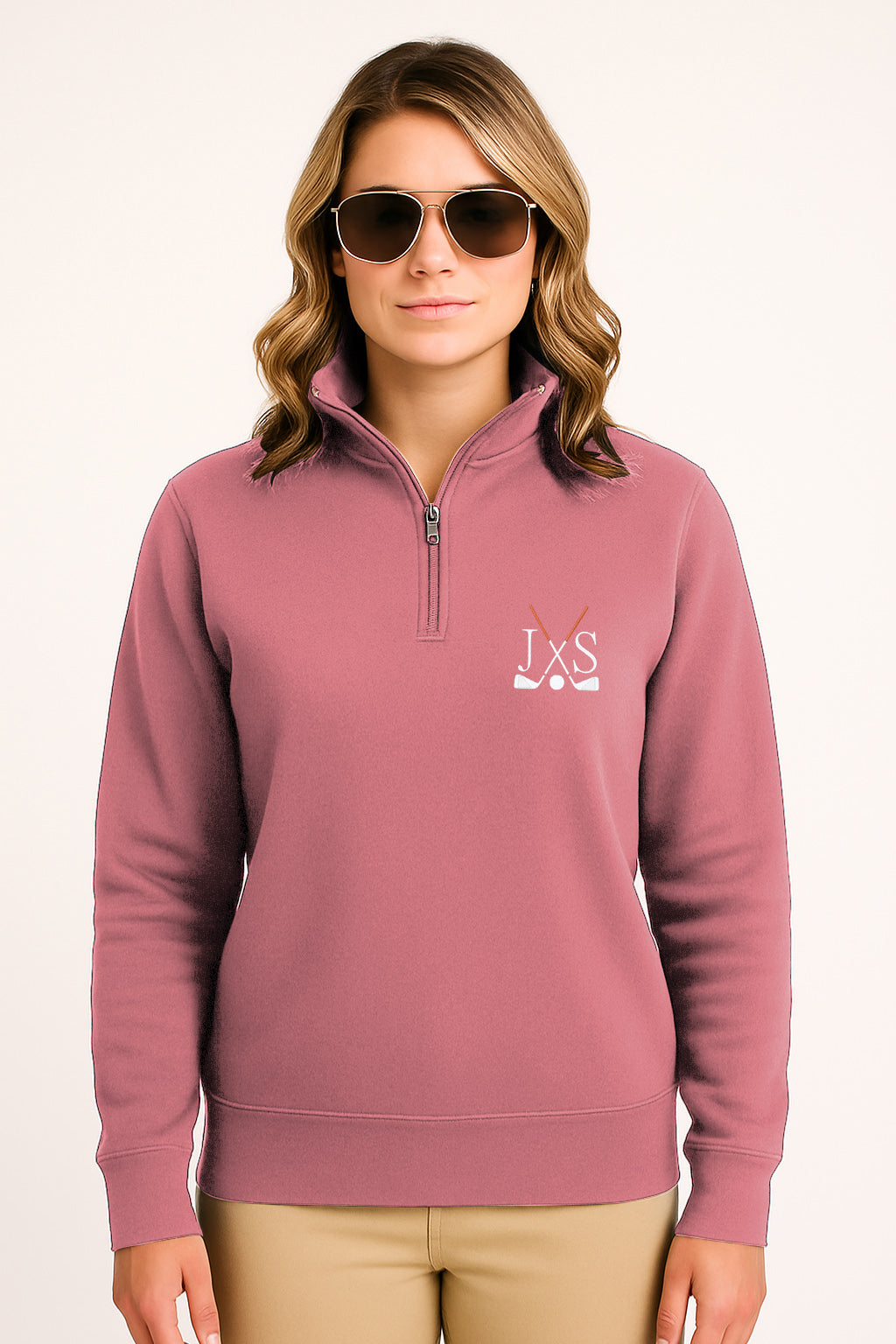 Plus size hot pink women's high neck hoodie with golf club embroidery and initials in solid color