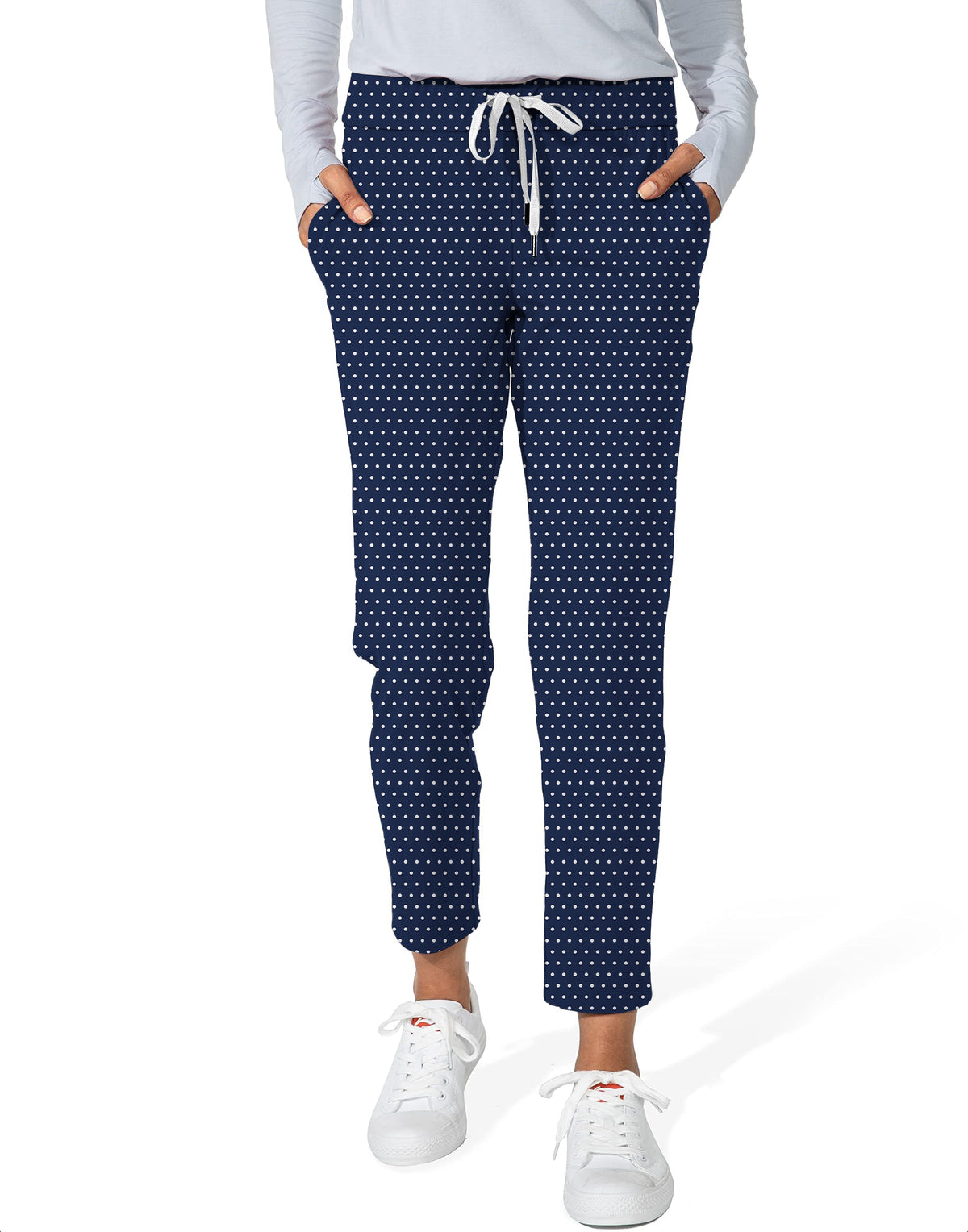 Navy blue with white polka dots Women's 7/8 Stretch Ankle Golf Pants