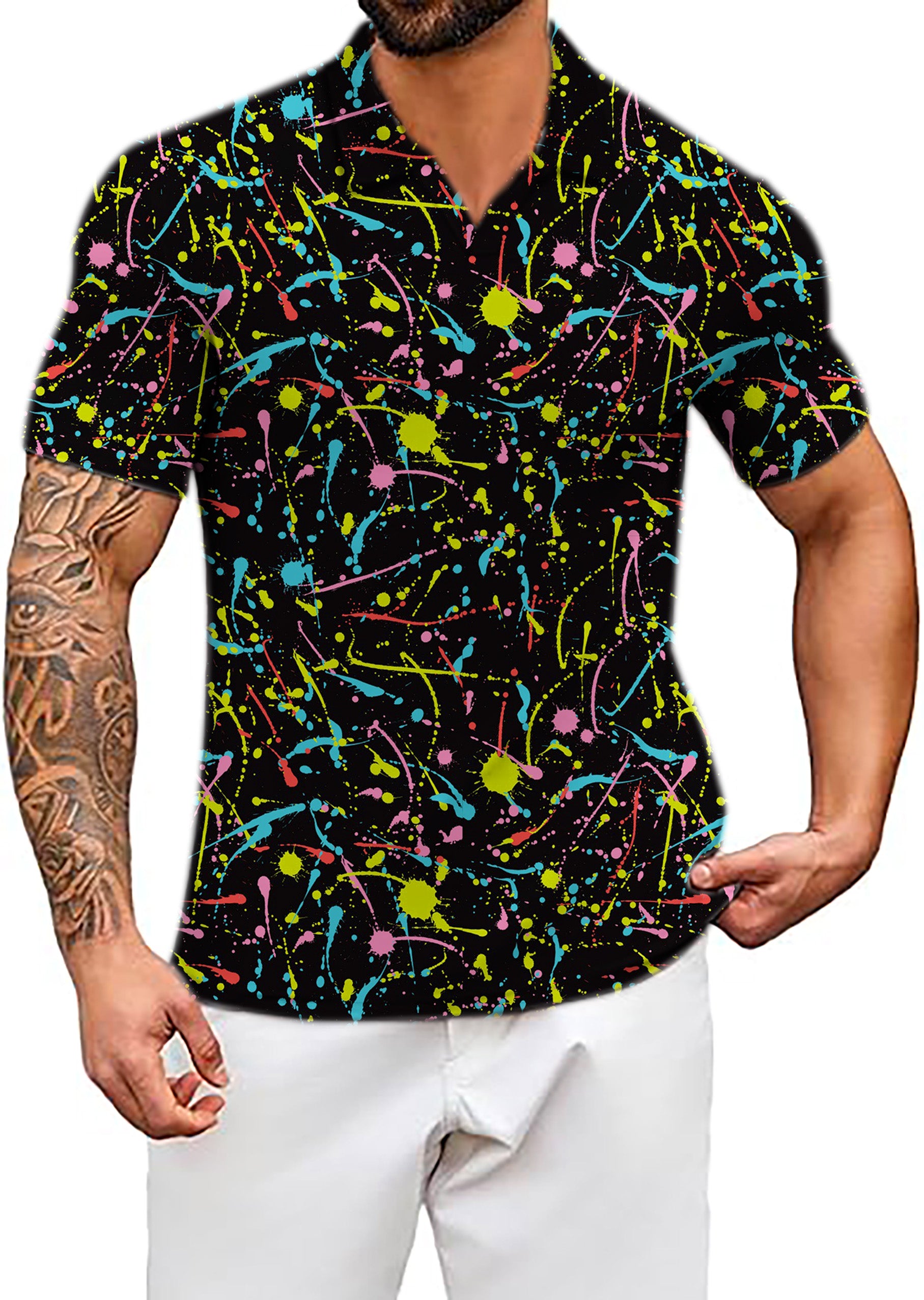 Men's PAINT SPLATTER V Neck Golf Polo Shirts