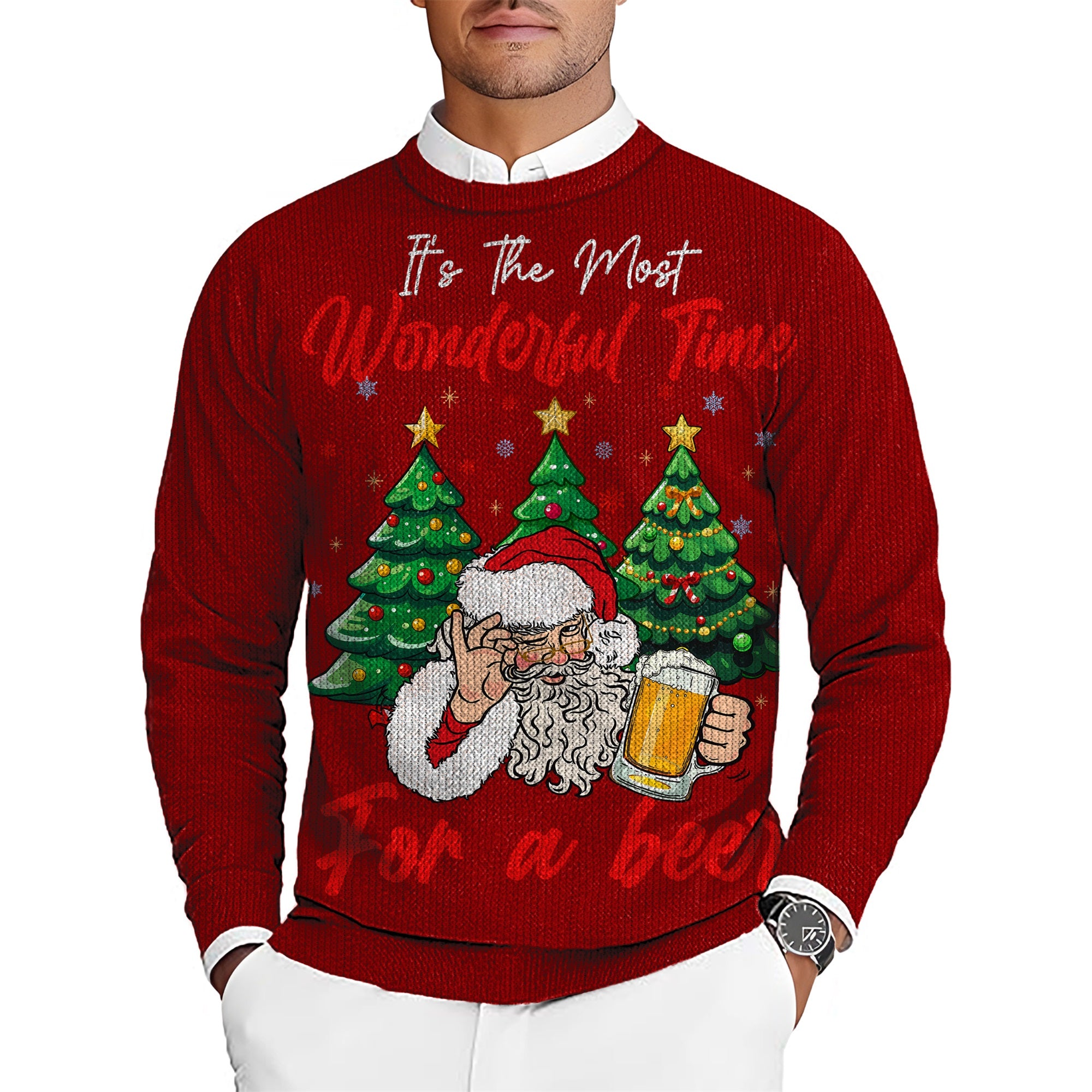 Most Wonderful Time For A Beer Santa Christmas Men's Golf Crewneck Pullover Sweaters Ugly Sweater