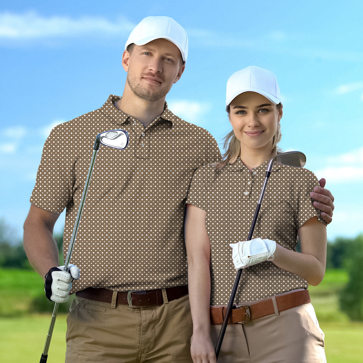 Couple white polka dot brown set Golf Championship Trophy tournament
