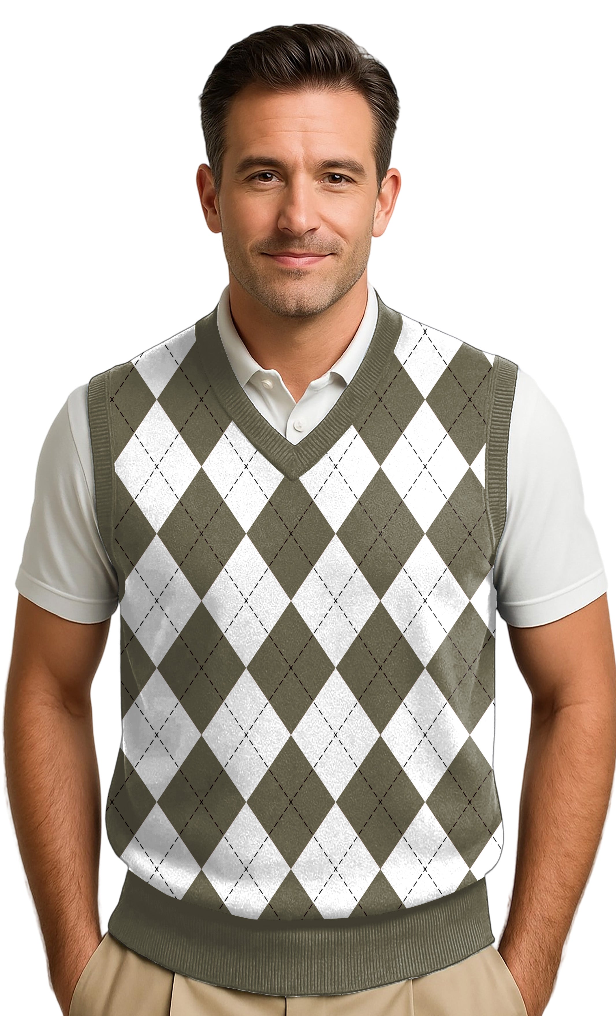 Men's Argyle Wool Sweater Vest - Mens Olive/White