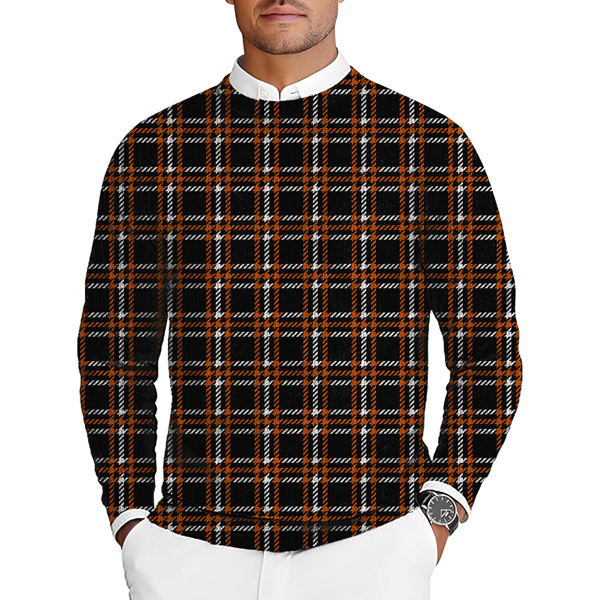 Halloween black yellow white grid Men's Golf Crewneck Pullover Sweaters Ugly Sweater
