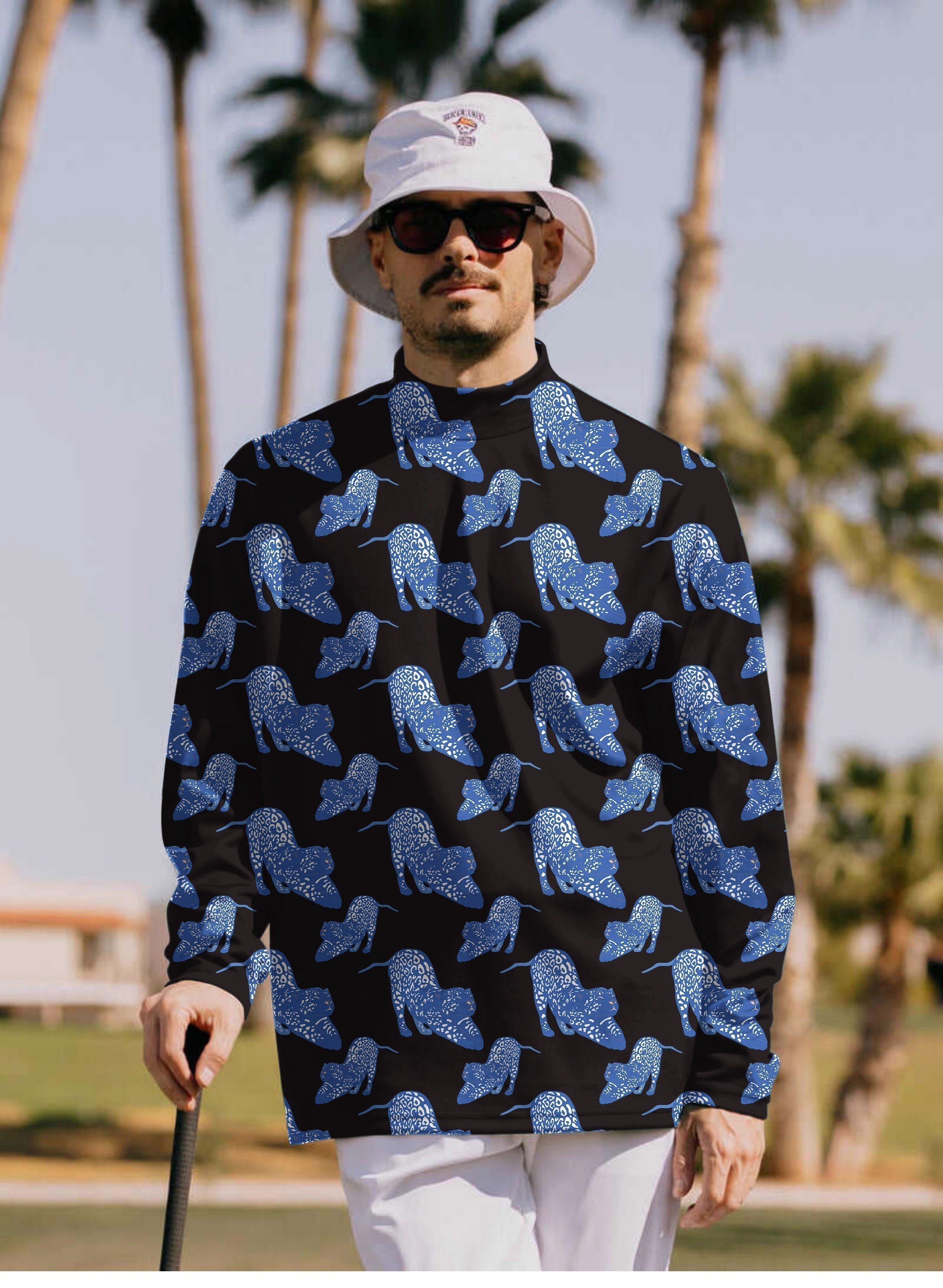 Men's Blue Jaguar Pullover High neck Long Short T-Shirt