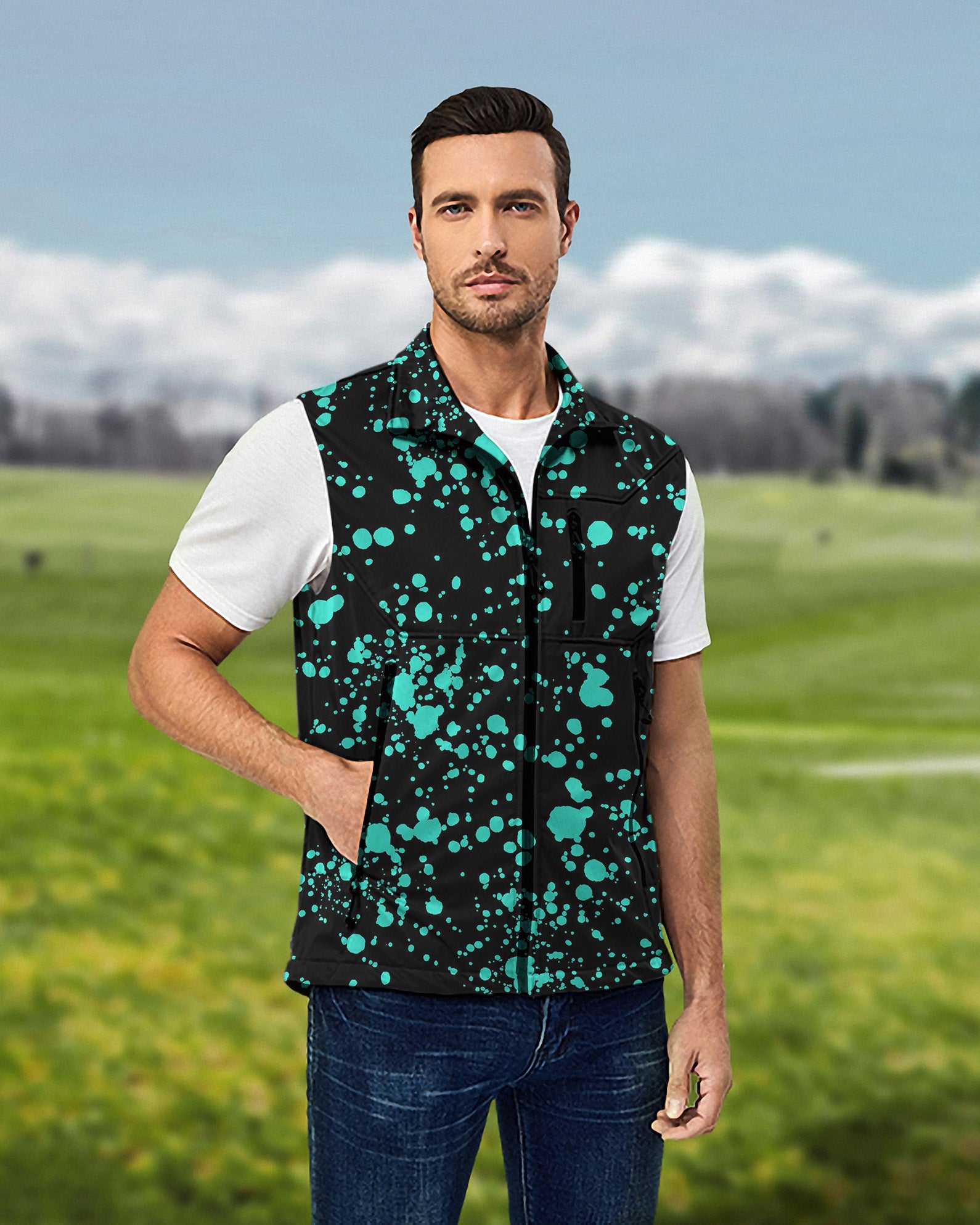 Men's Lake Blue spot Lightweight Softshell Vest Sleeveless Jacket for Golf