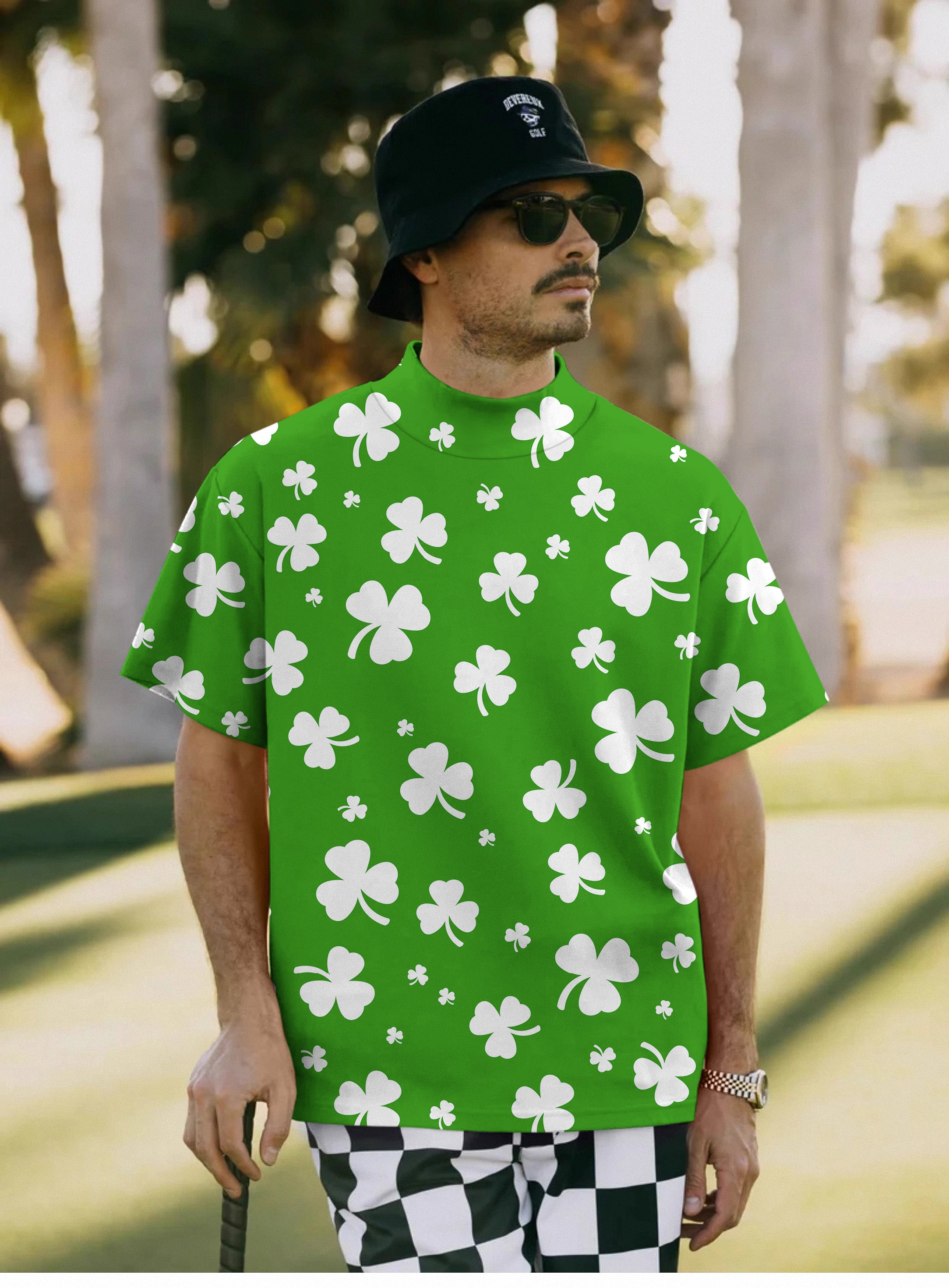 Men's Leaf clover St. Patrick's Day Pullover High neck Long/Short sleeve T-Shirt