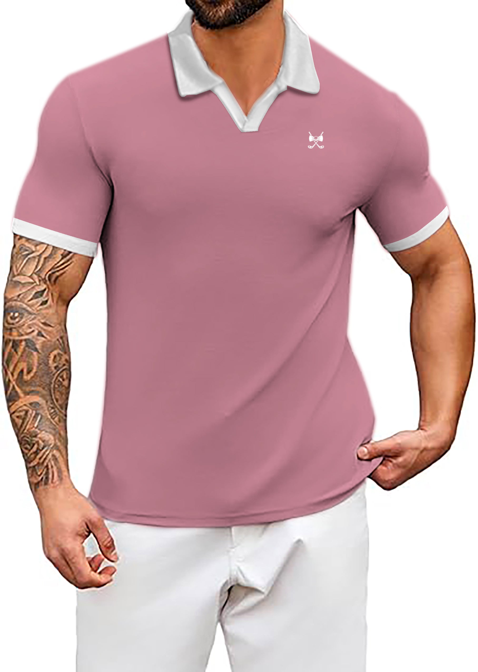 Men's Pink White Hamster V Neck Golf Polo Shirts