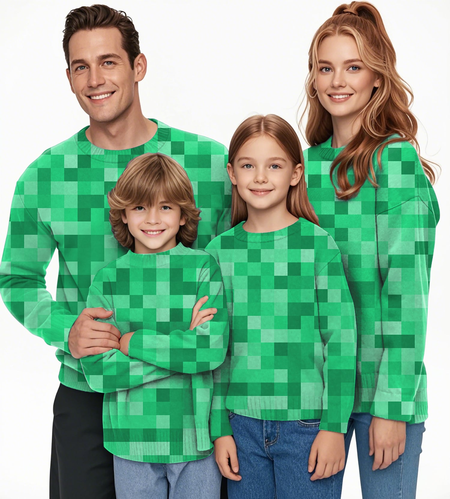 Green Pixel Big Crewneck Pullover Ugly Sweater Men Women boy girl family