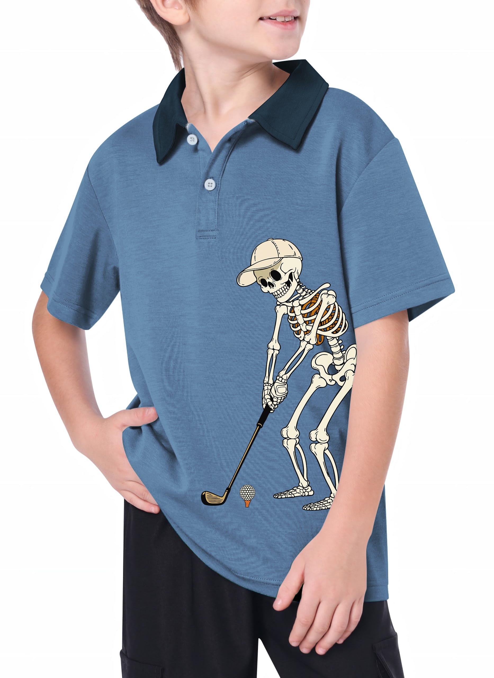 Youth White Royal Blue Halloween Skeleton Golf Golf Polo