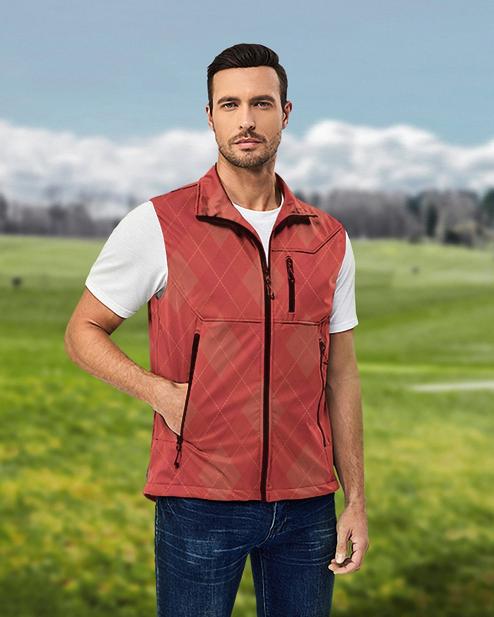 Men's red Argyle Lightweight Softshell Vest Sleeveless Jacket for Golf Windproof Waterproof
