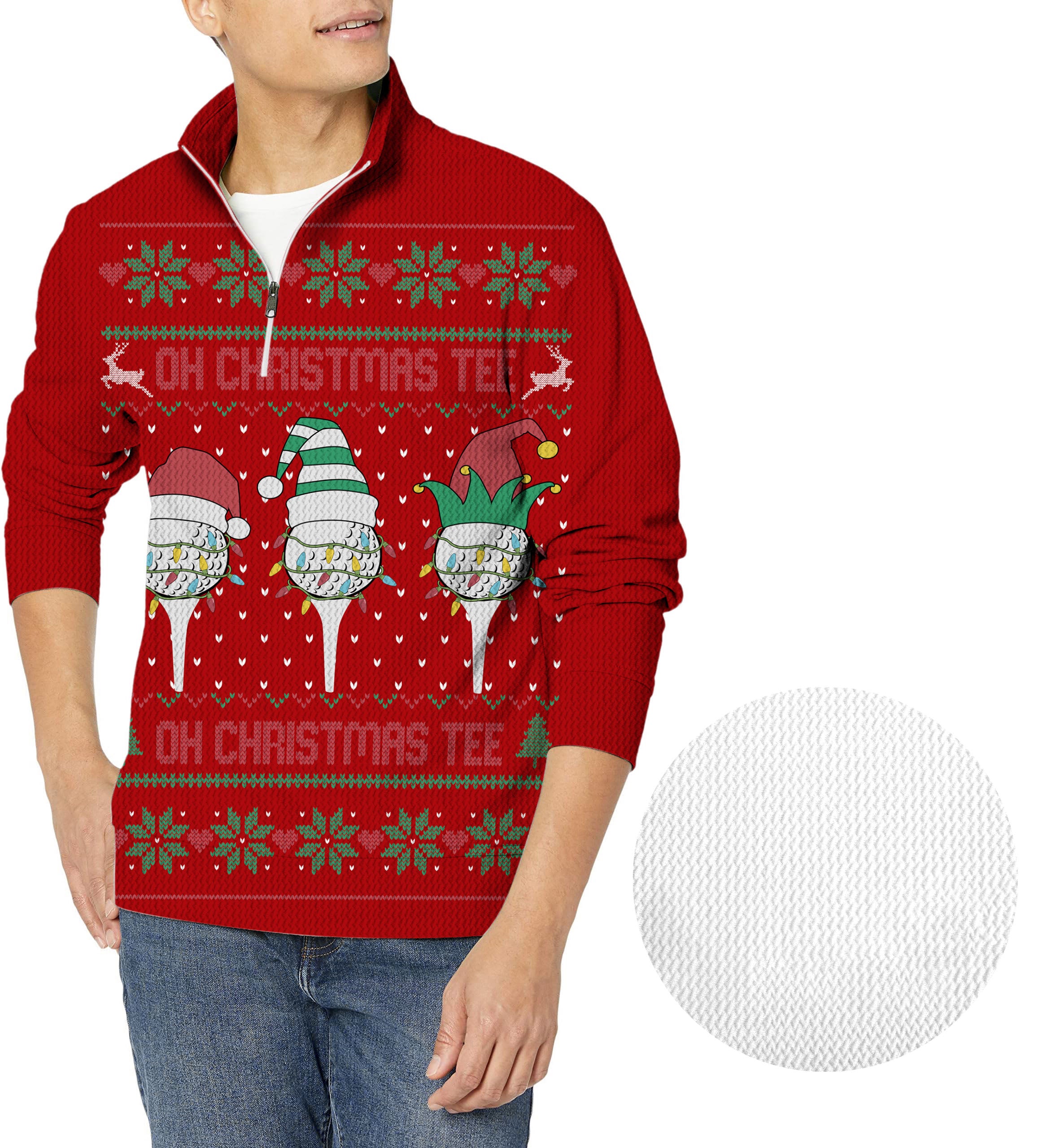 Red-Christmas Custom face Men's Golf Waffle Zipper Pullover