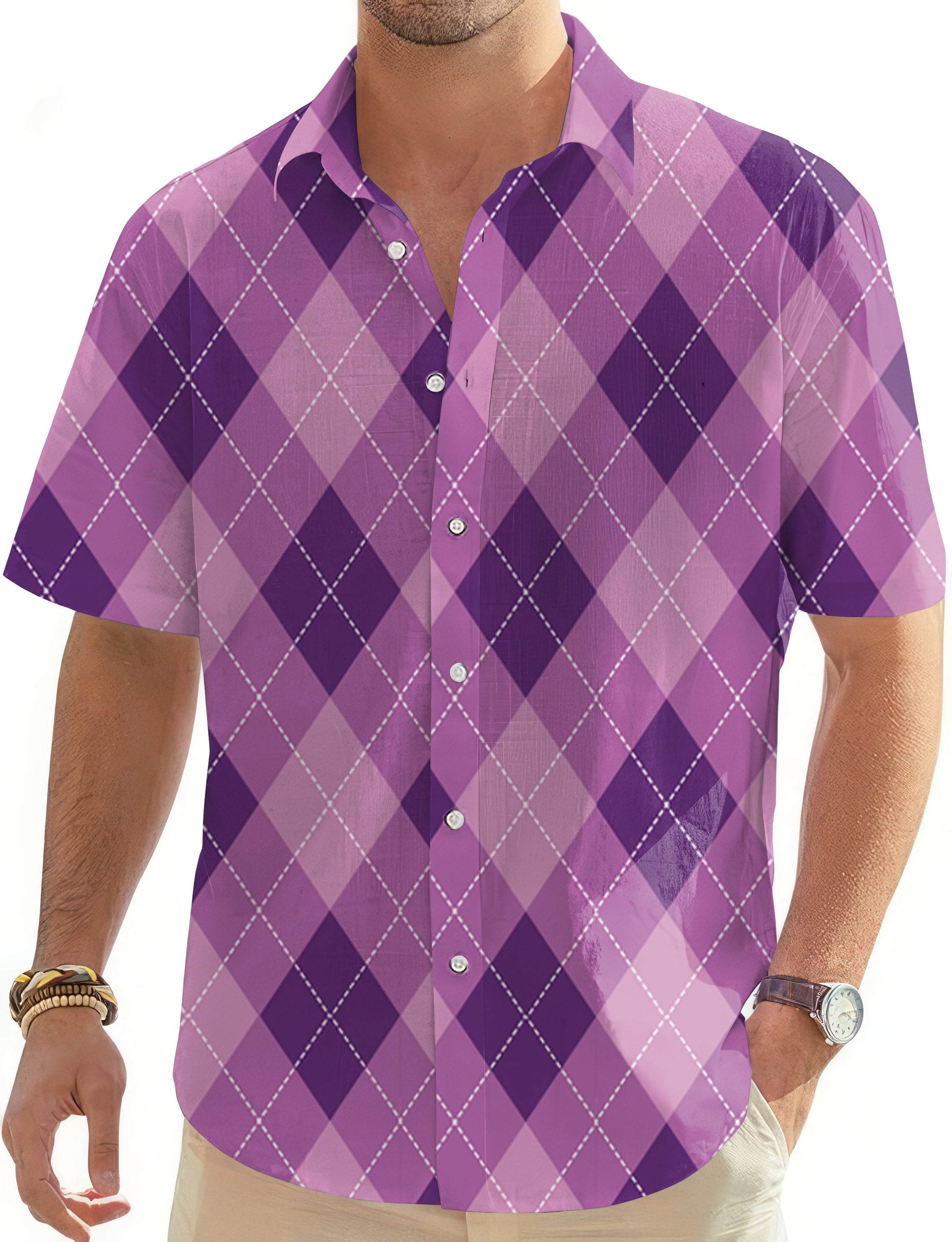 purple Argyle-Men's Golf Hawaiian Shirts Button Down Shirt