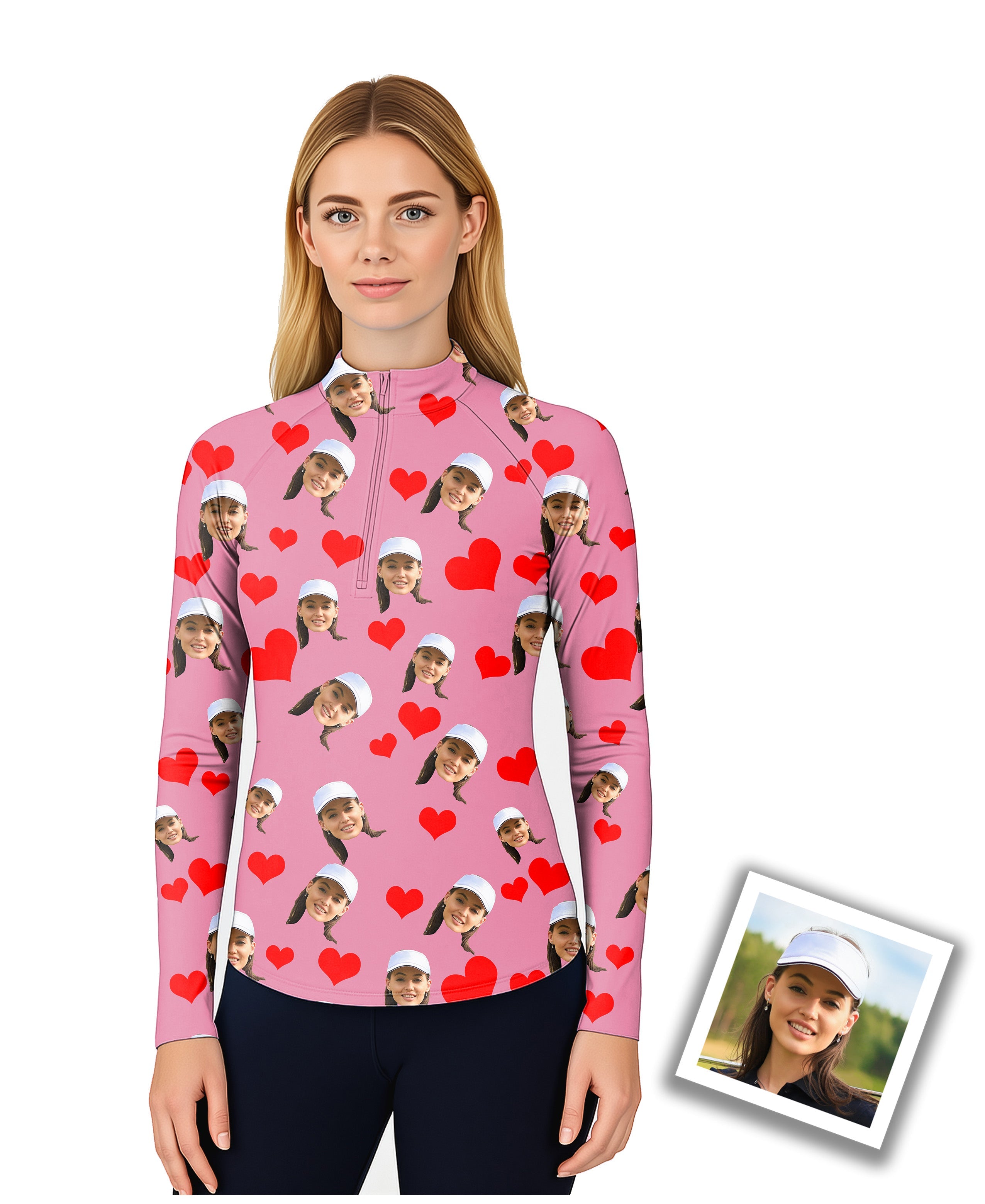 Custom Red Heart Photo women’s golf 3/4 zip long sleeve active top