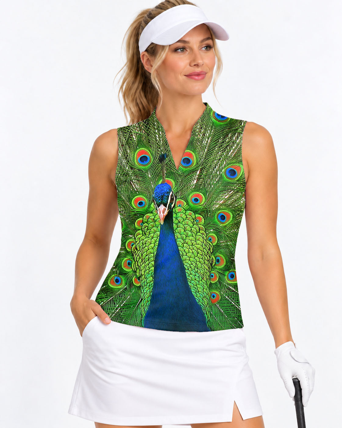 peacock flaunting its tail -Women's V Notch Mock Neck Sleeveless Golf Athletic Blouse