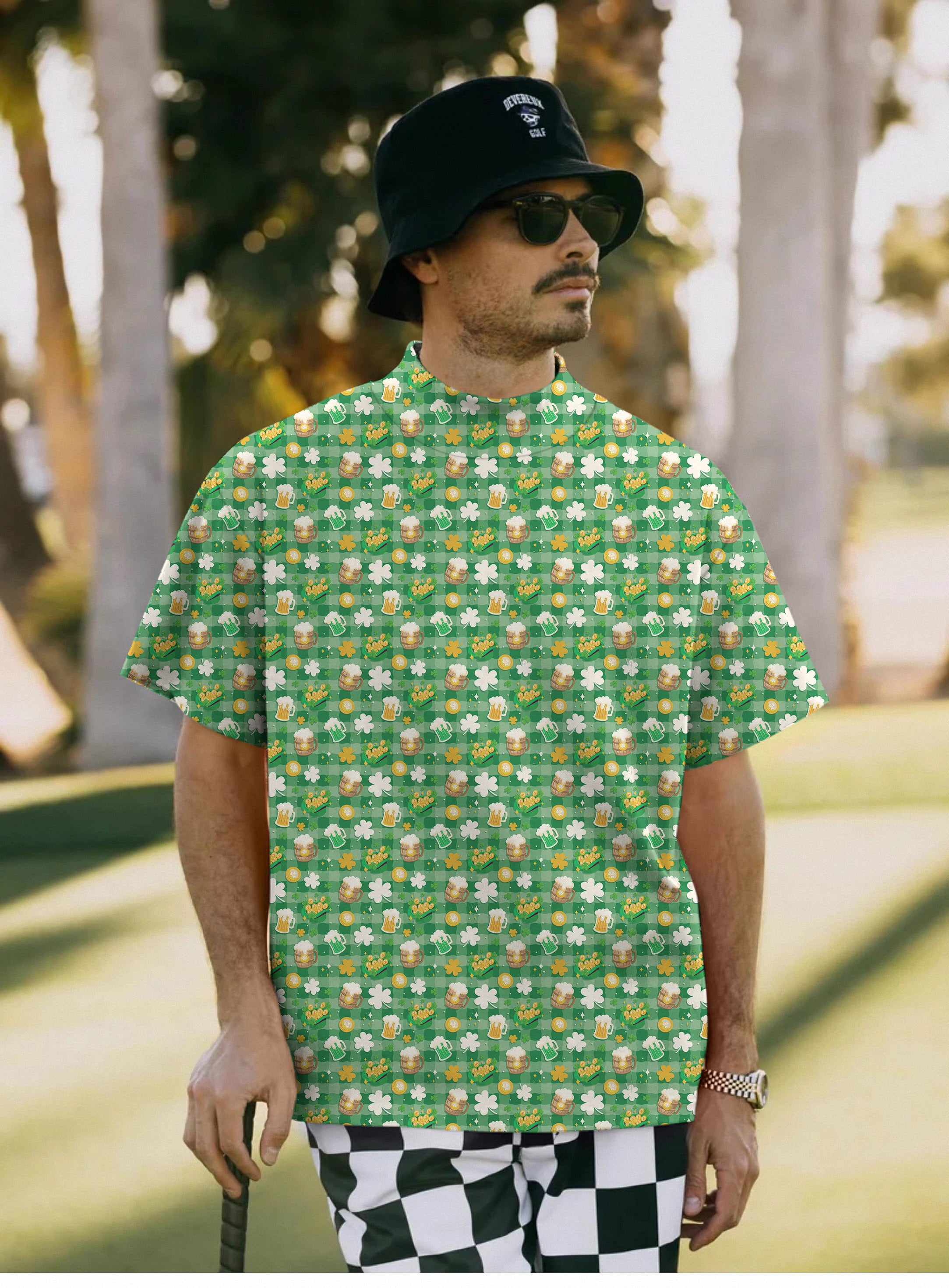 Men's Green beer and clover leaf St. Patrick's Day Pullover High neck Long/Short sleeve T-Shirt