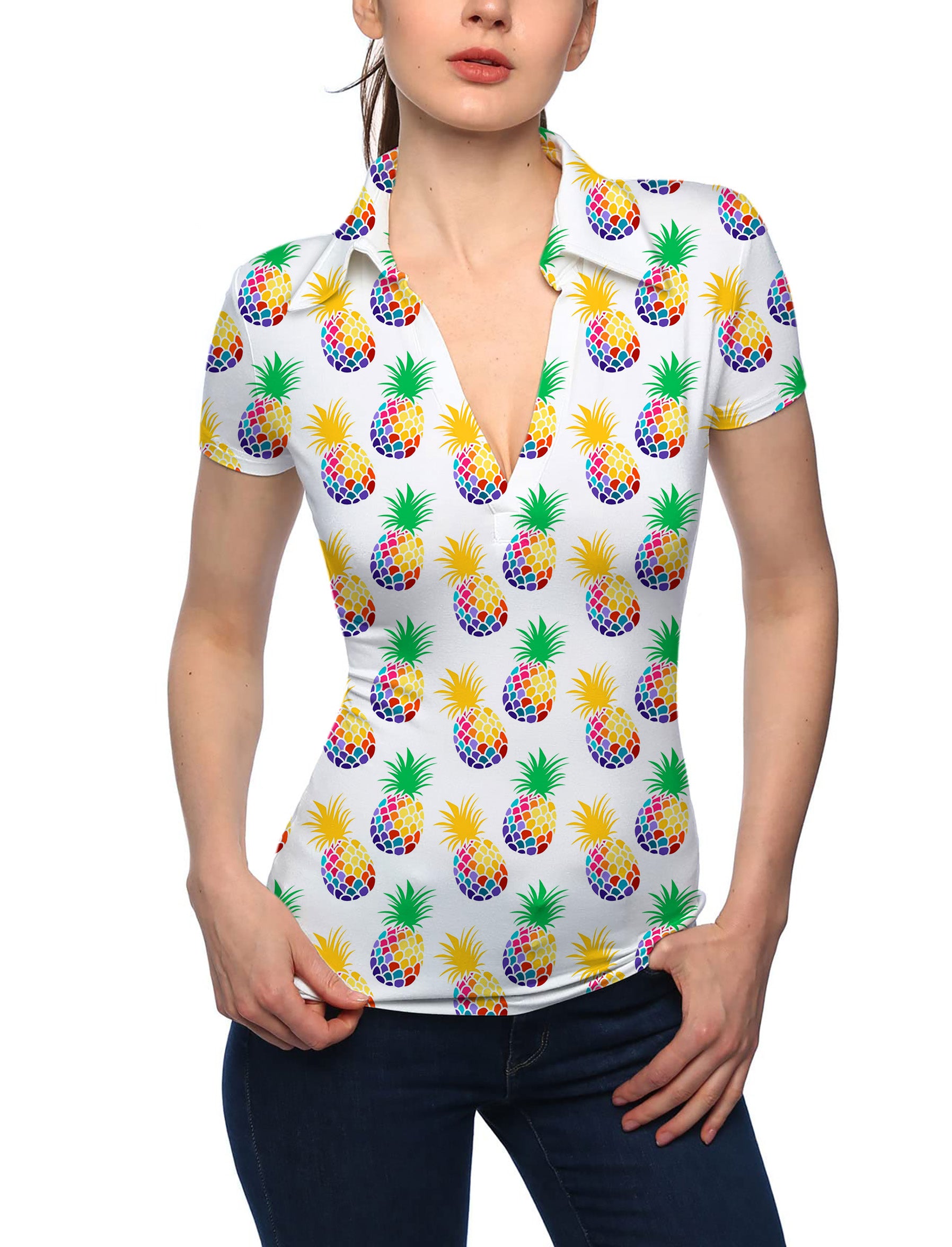 Women's Pineapple Disco V Neck Golf Polo