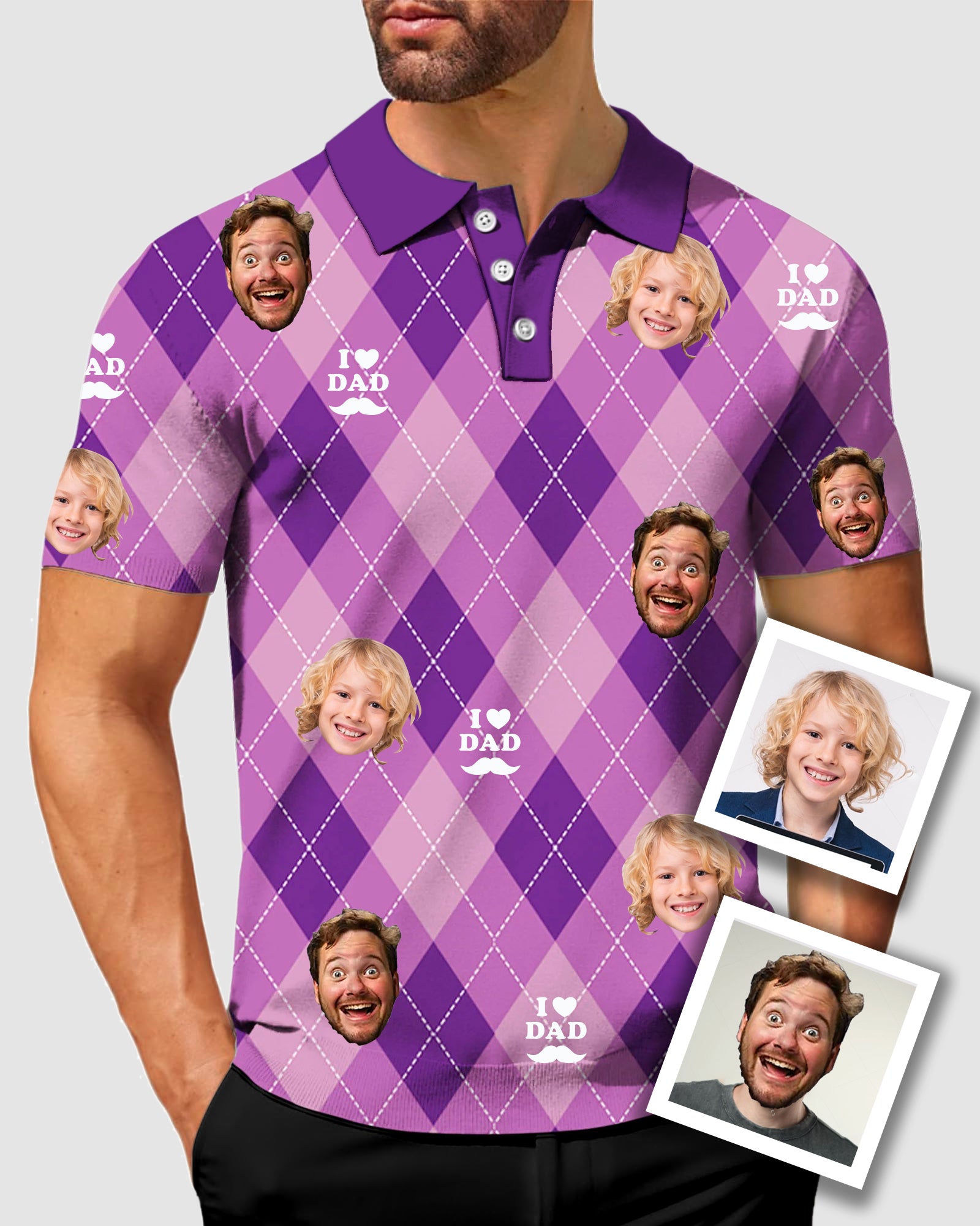 Men's To My Dad Custom Face Purple Argyle Men's Golf Polo Father's Day Gift  Polo