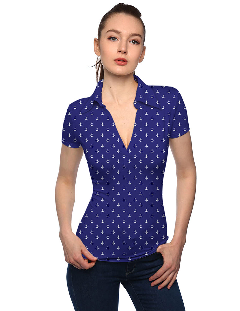 Women's Royal Anchor V neck golf polo shirt with stand collar and short sleeves in blue