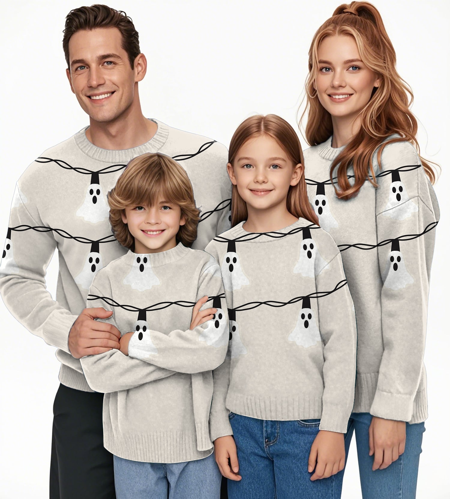 Halloween Ghost Light Crewneck Pullover Ugly Sweater Men Women boy girl family