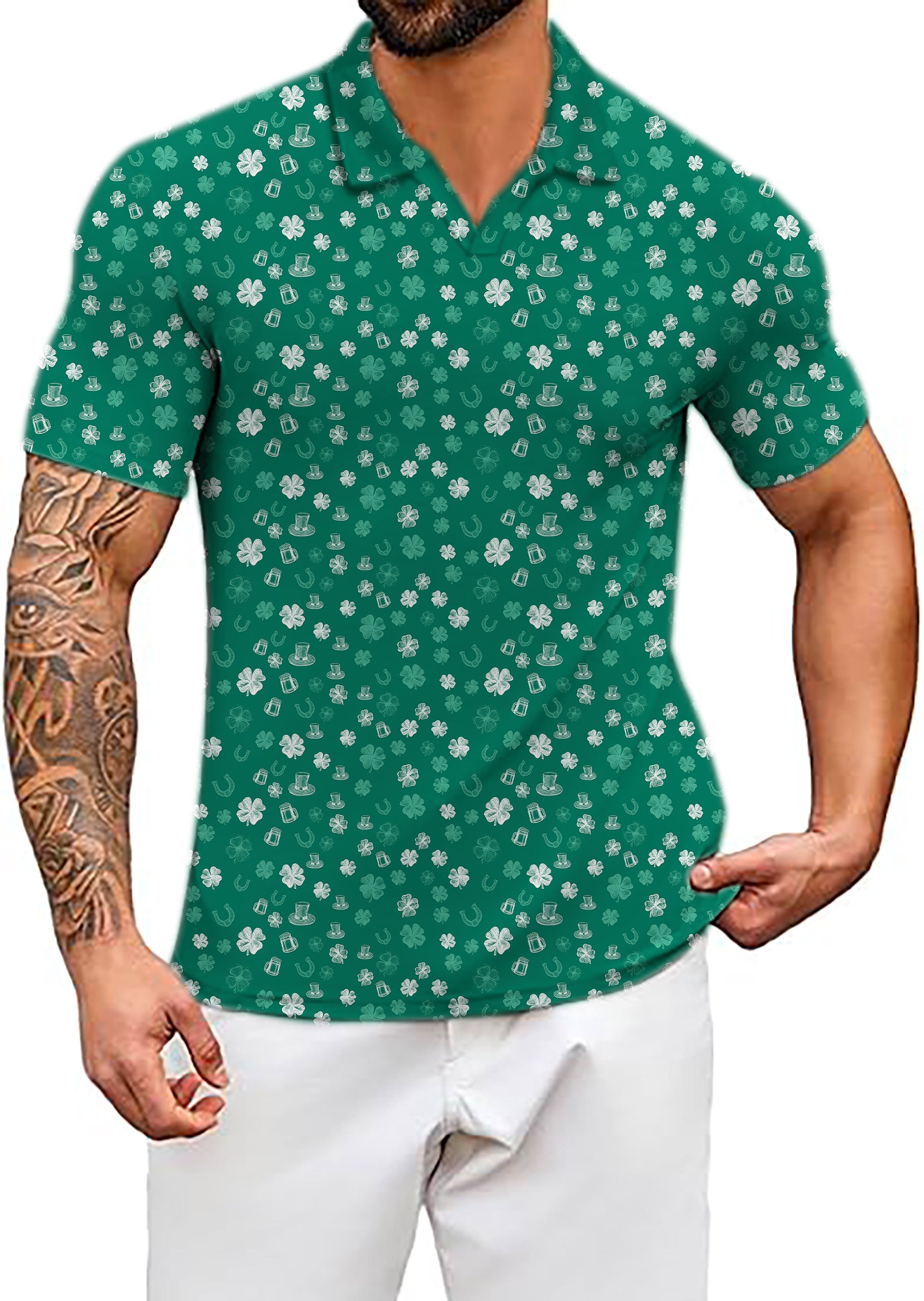 Men's Green beer clover leaf St. Patrick's Day V Neck Golf Polo Shirts