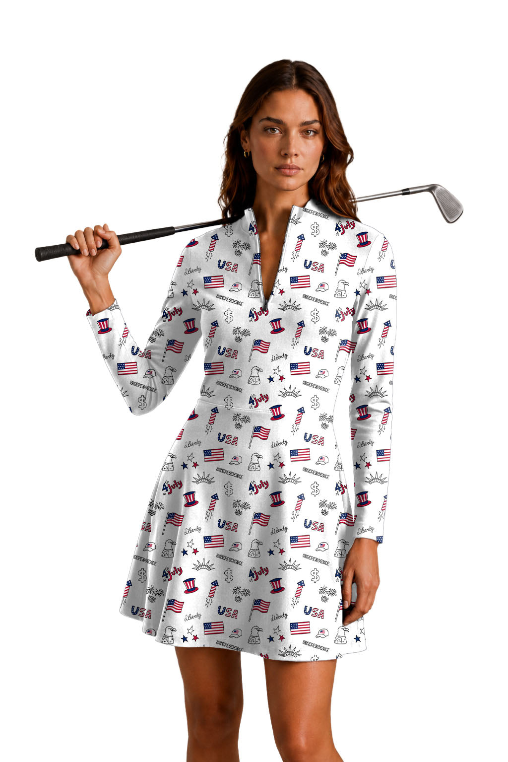 American flag Women's Golf Long Sleeve Zipper Dresses Comes with separate matching shorts