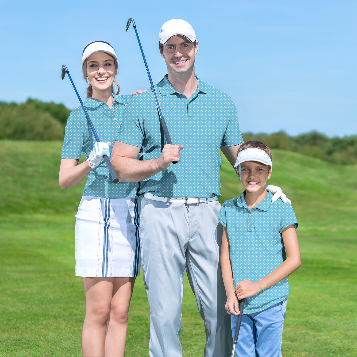 Family white polka dots blue background set Golf Championship Trophy tournament
