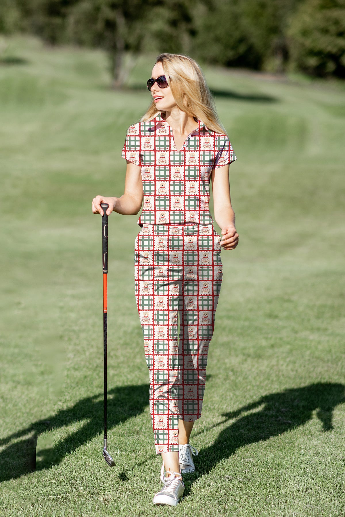 Women's Golf Polo+Pants Set Cute Christmas Teddy Bear
