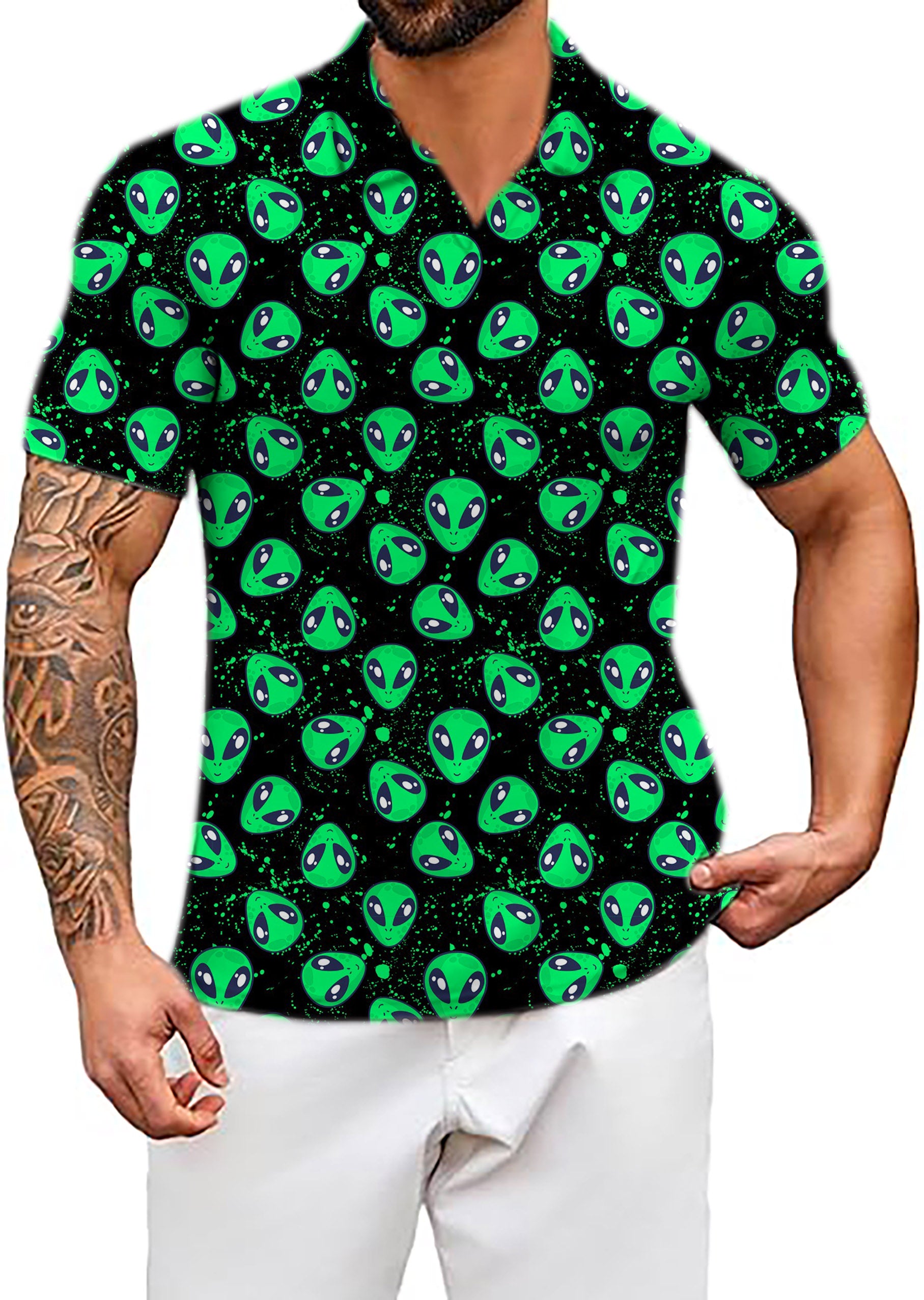 Men's Alien Invasion V Neck Golf Polo Shirts