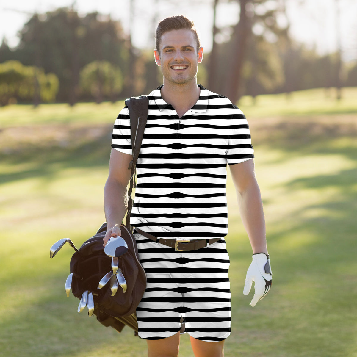 Men's Golf Set Polo+Shorts Zebra stripes