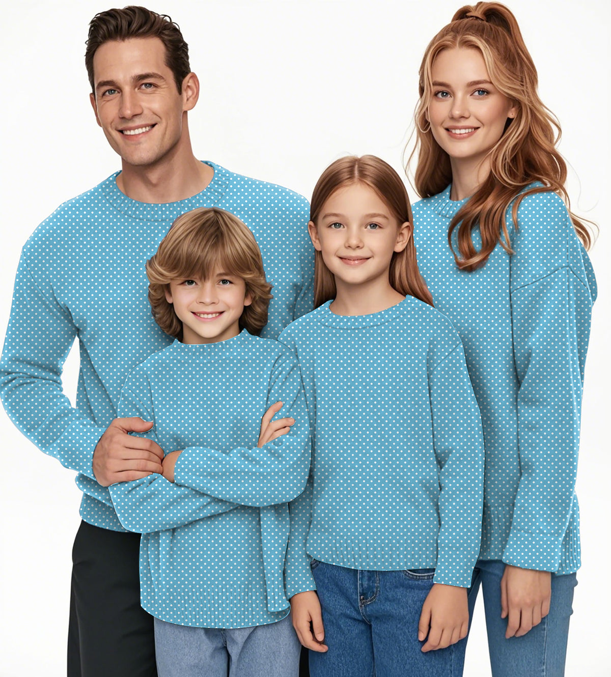 white polka dots blue background Crewneck Pullover Ugly Sweater Men Women boy girl family