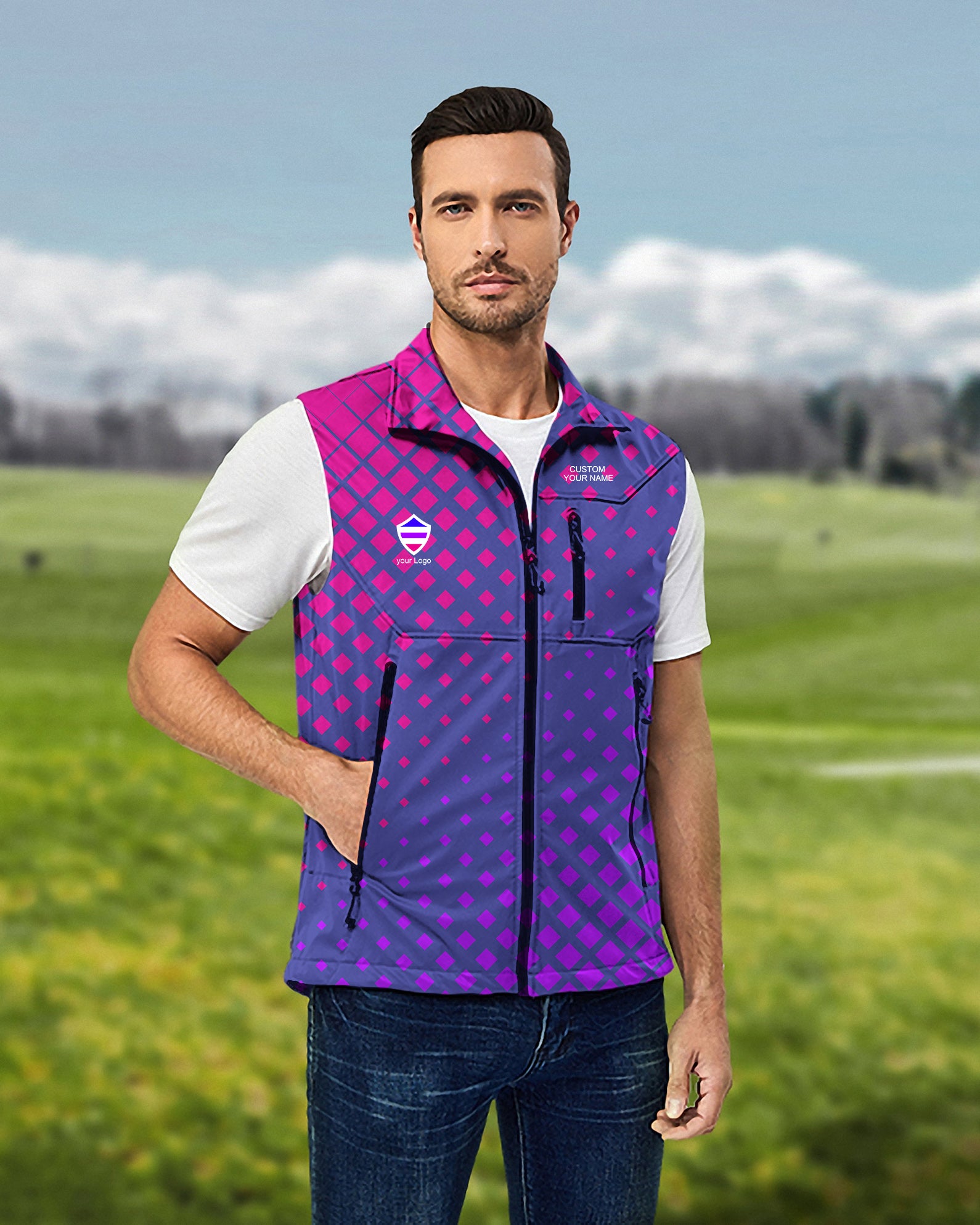 Men's blue purple pink sport Team Lightweight Softshell Vest Sleeveless Jacket for Golf Windproof Waterproof