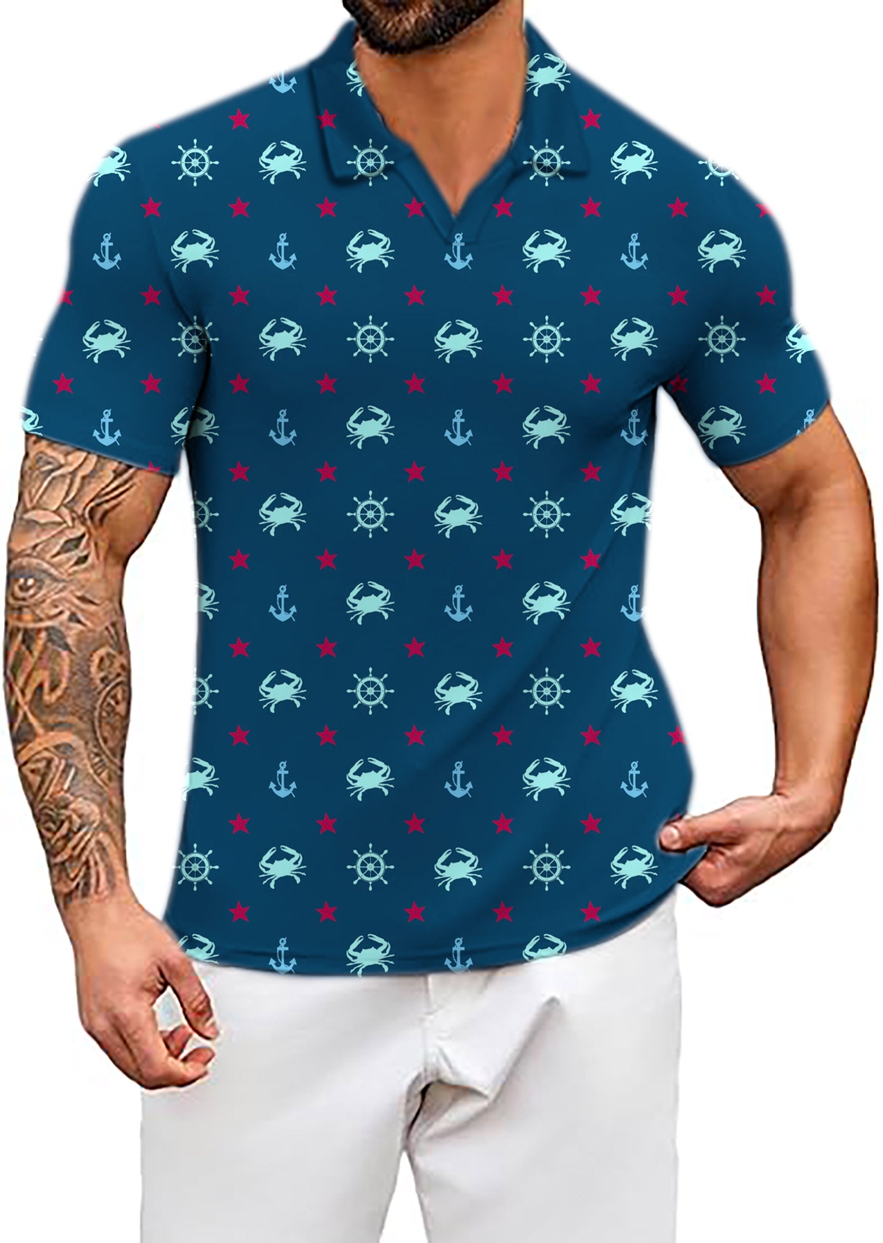 Men's Crabs and Stars V Neck Golf Polo Shirts