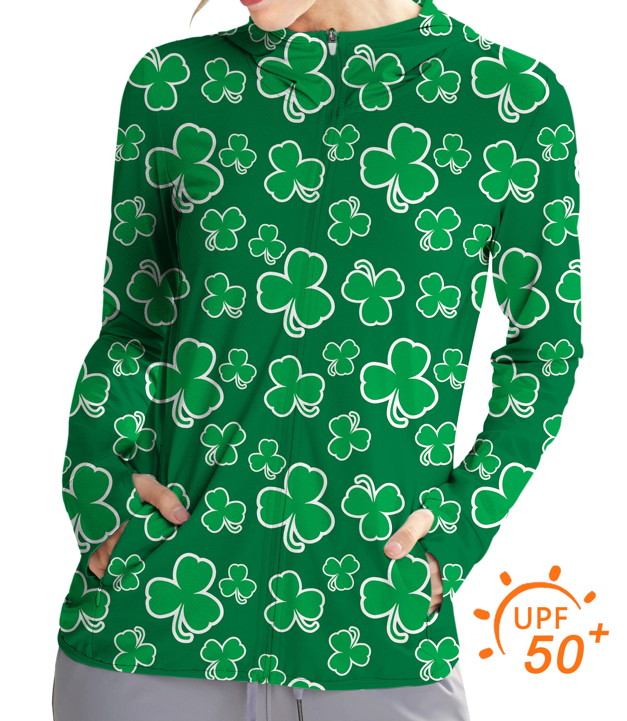 Women's Outdoor Leaf clover St. Patrick's Day Golf Sun Protection Slim Fit zip hoodies
