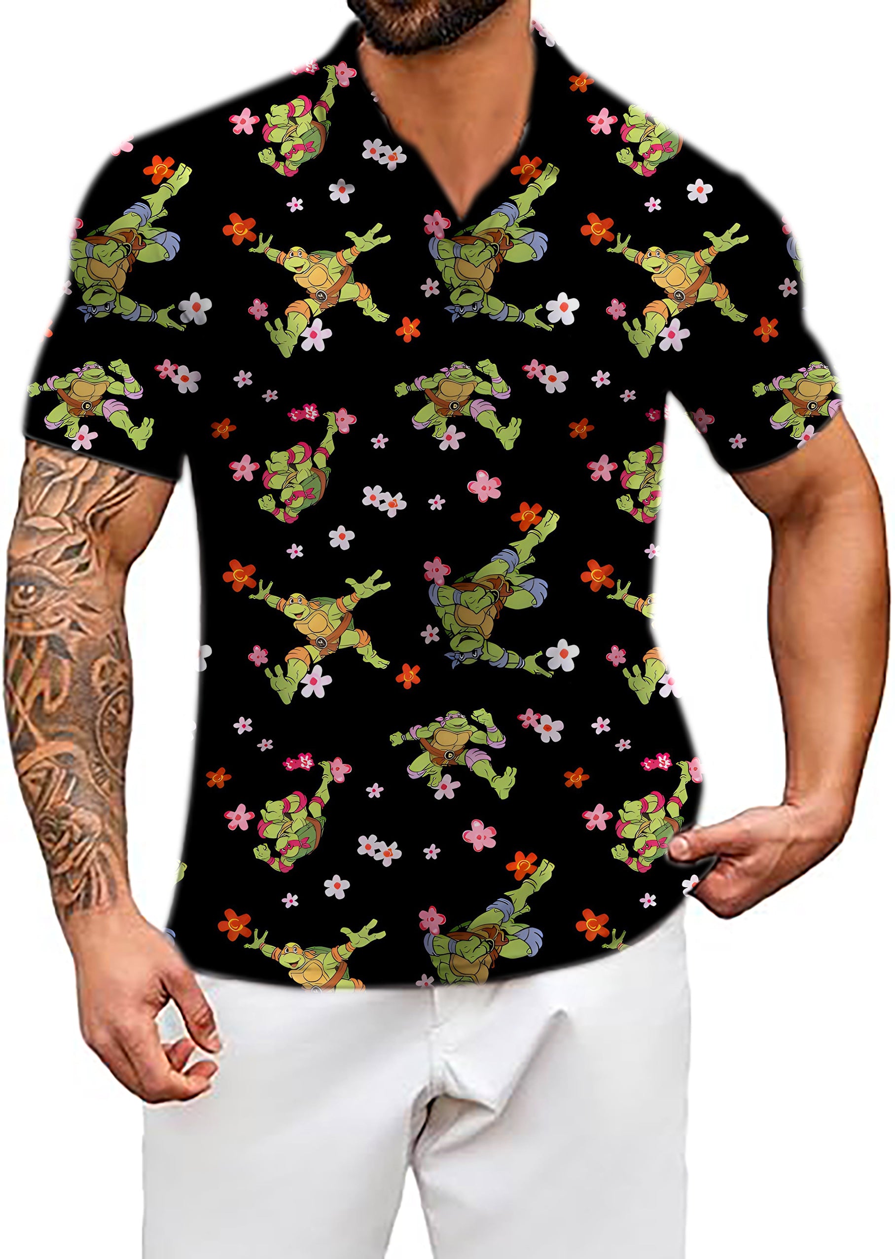 Men's TMNT TURTLE FLOWER POWER V Neck Golf Polo Shirts