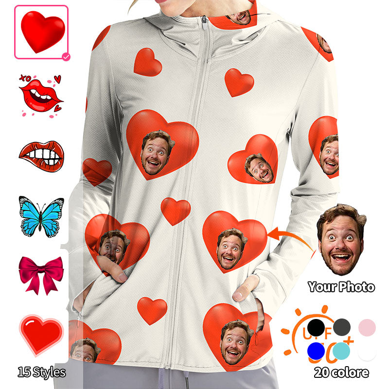 Valentine's Day Women's Outdoor Custom Photo Face Custom Color White Love Golf Sun Protection Slim Fit Zip Hoodies