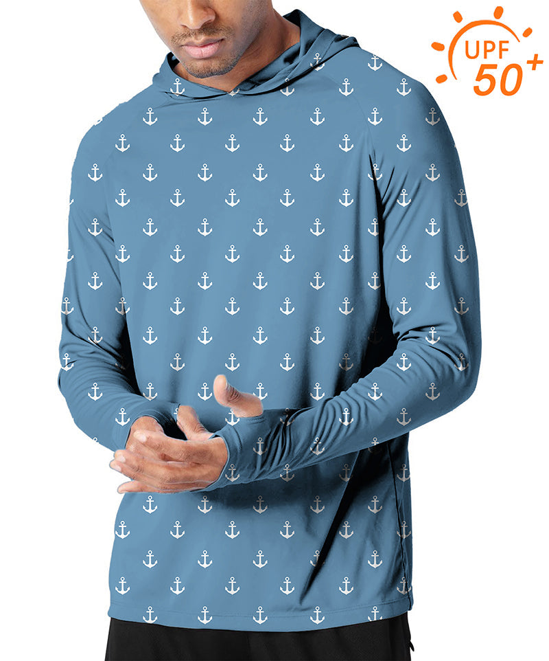 Men's outdoor sea blue anchor print slim fit hoodie with UPF 50+ sun protection and thumb holes