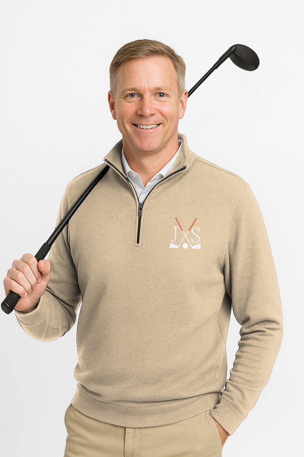 Plus size men's khaki high neck hoodie with embroidery solid color design and three-panel hood