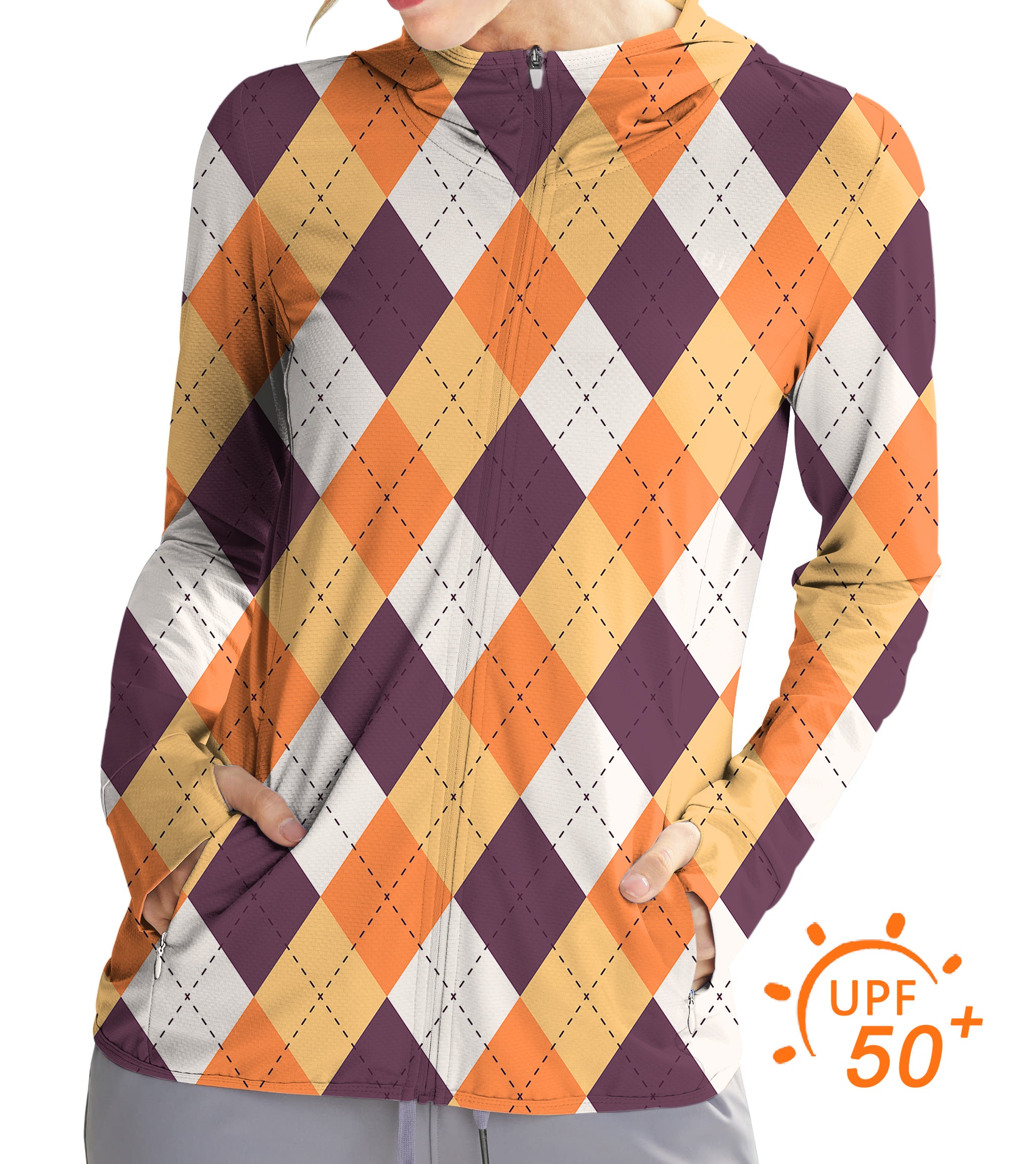 Women's Outdoor Halloween Orange White Brown Argyle Golf Sun Protection Slim Fit zip hoodies