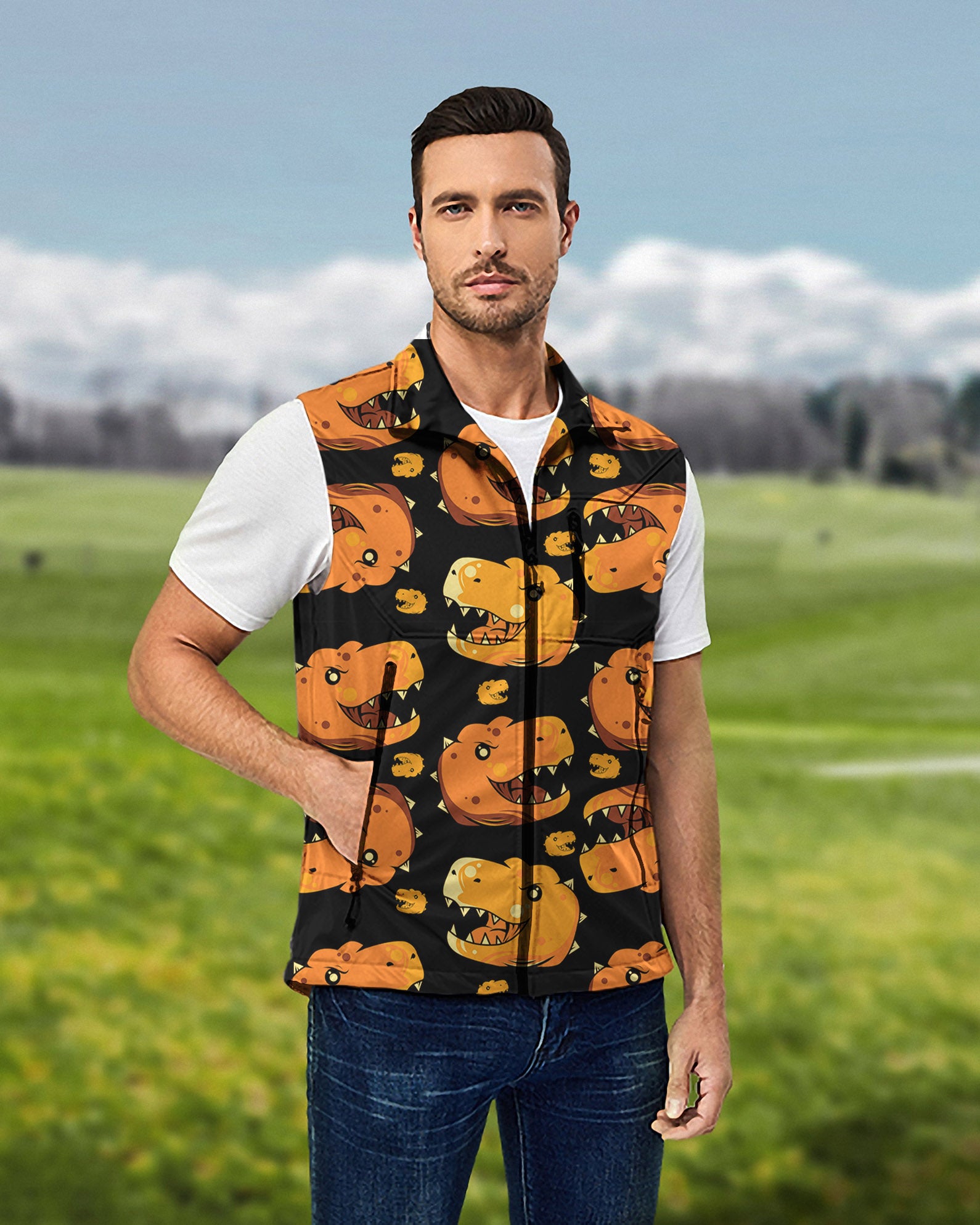 Men's Dino Heads Lightweight Softshell Vest Sleeveless Jacket for Golf Windproof Waterproof