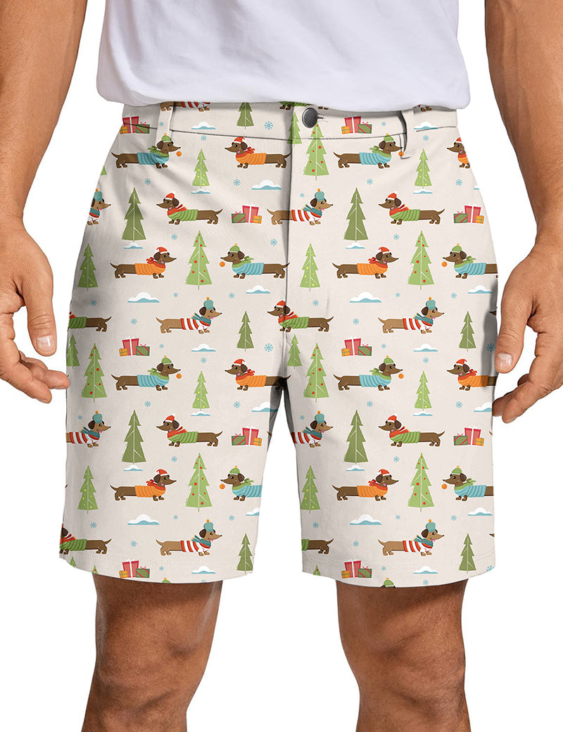Men's Christmas Dachshund golf shorts with festive dachshund and Christmas tree pattern, quick-dry, lightweight, and wrinkle-free design.