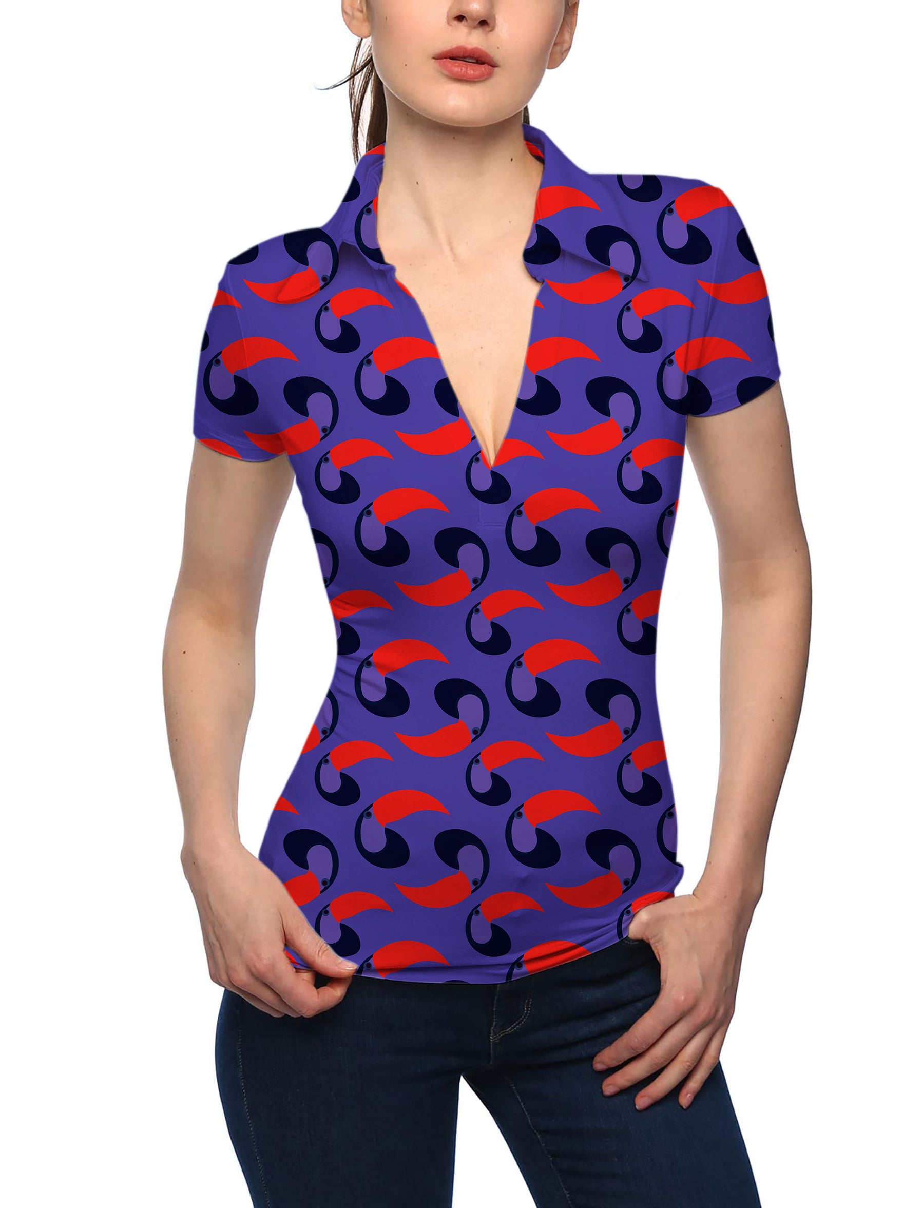 Women's purple toucan V Neck Golf Polo