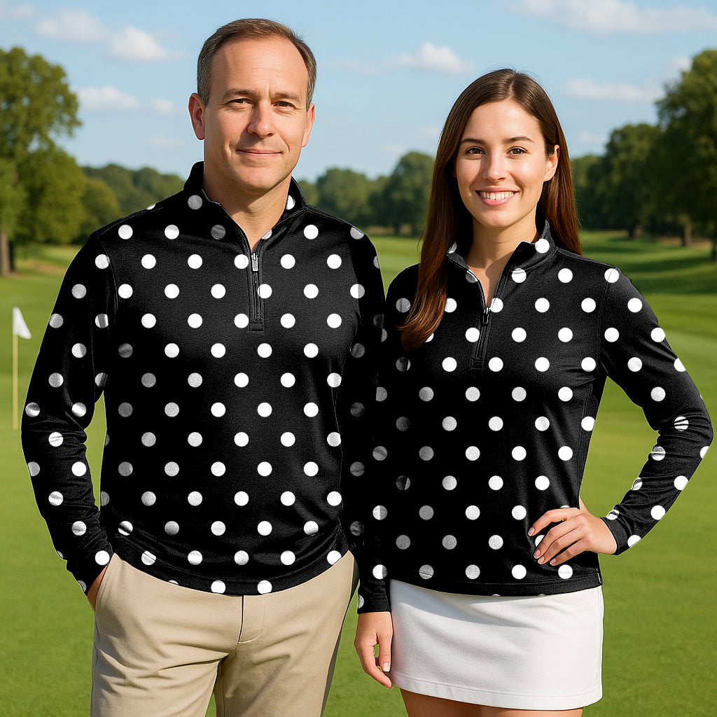 Pink Polka Dots Couple Golf Active 3/4 Zipper Top Long Sleeves