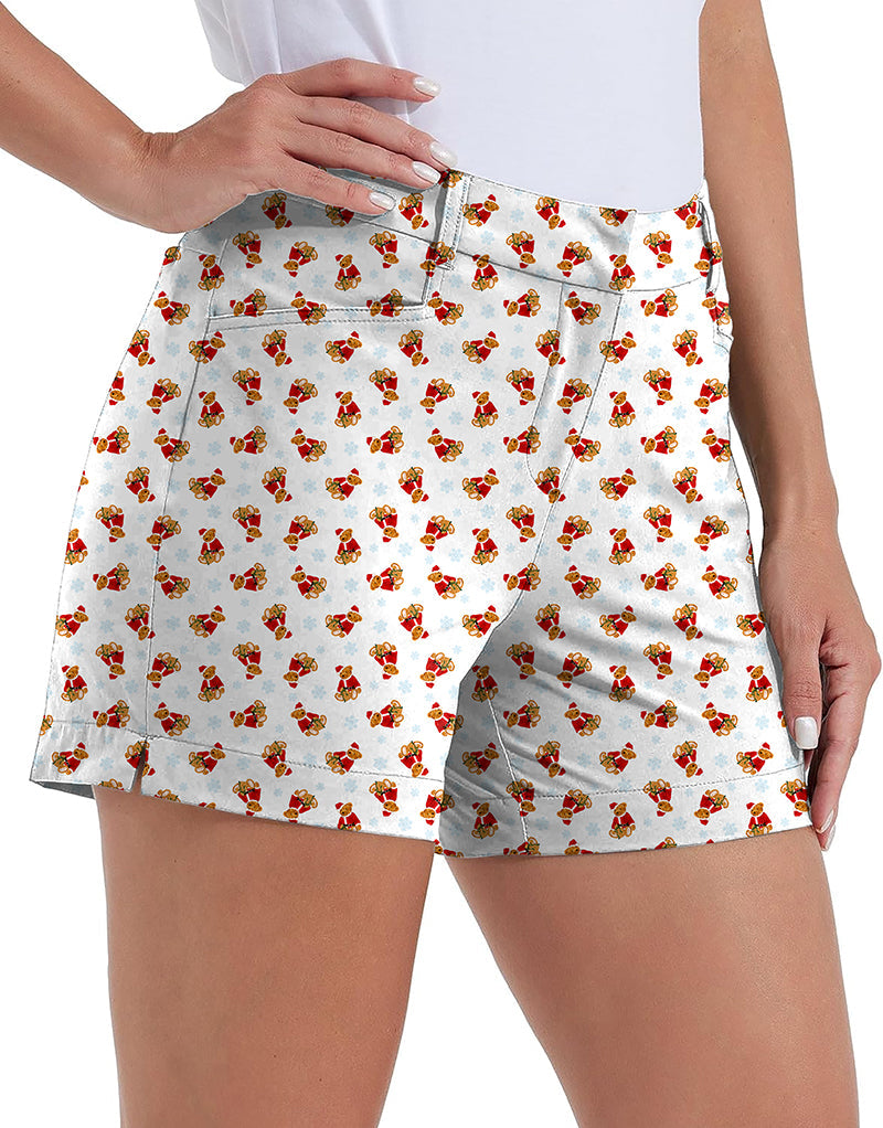 Women's Christmas Teddy Bear print quick-drying golf shorts with pockets, waterproof and stretch fit for outdoor casual wear